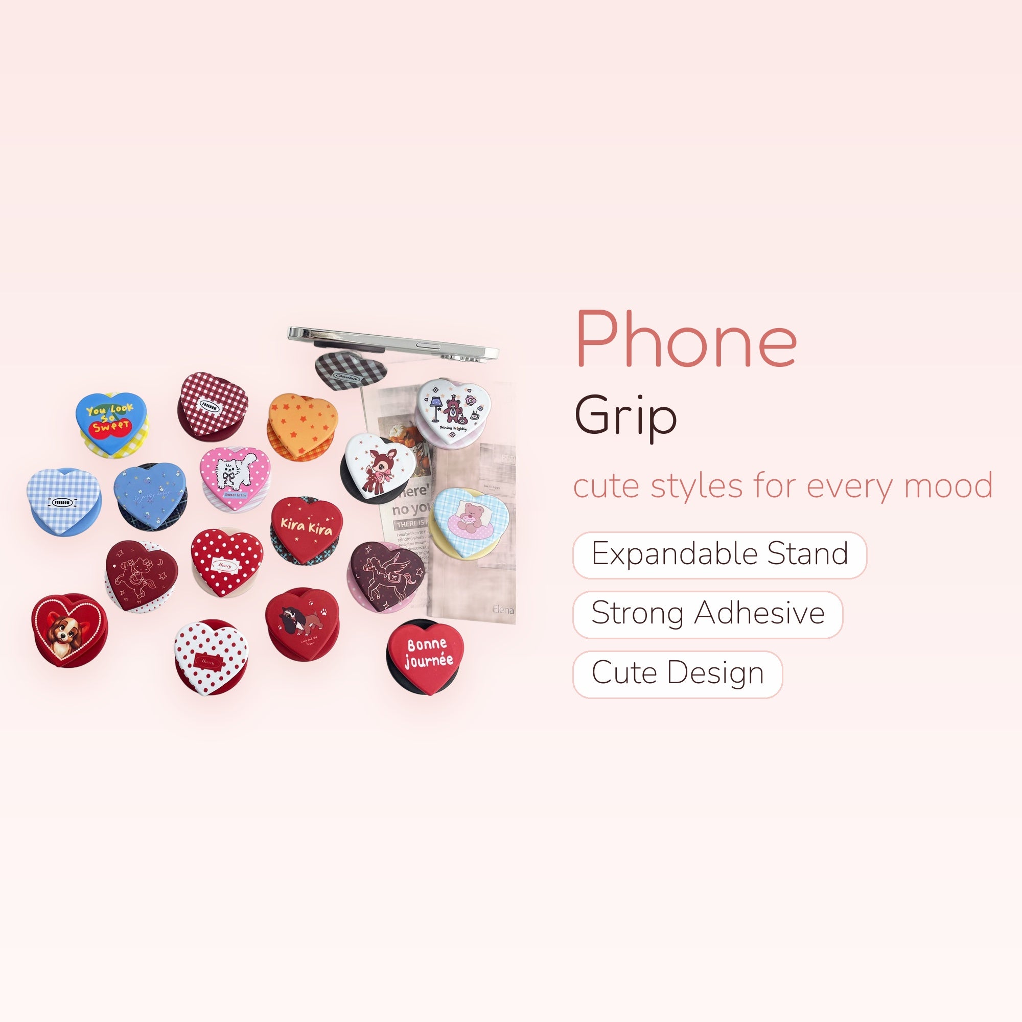 Kawaii Heart Phone Grips | Cute Pop Socket Stands with Various Designs