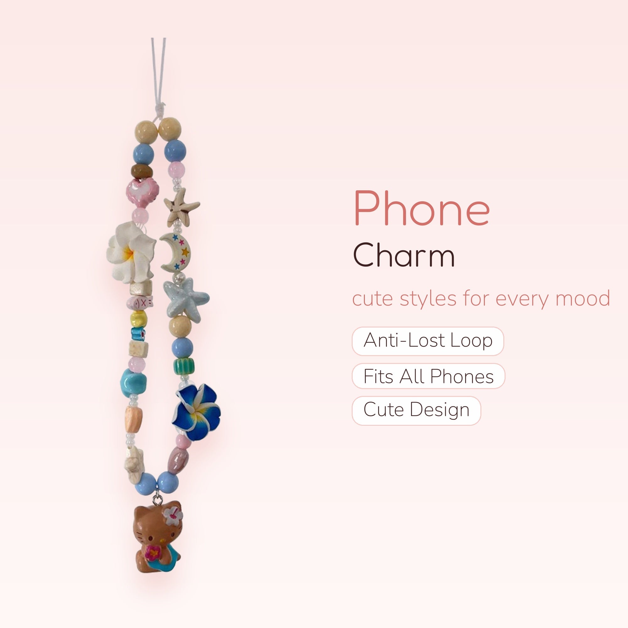 Kawaii Pastel Beaded Phone Charm Strap | Hello Kitty & Floral Wrist Lanyard