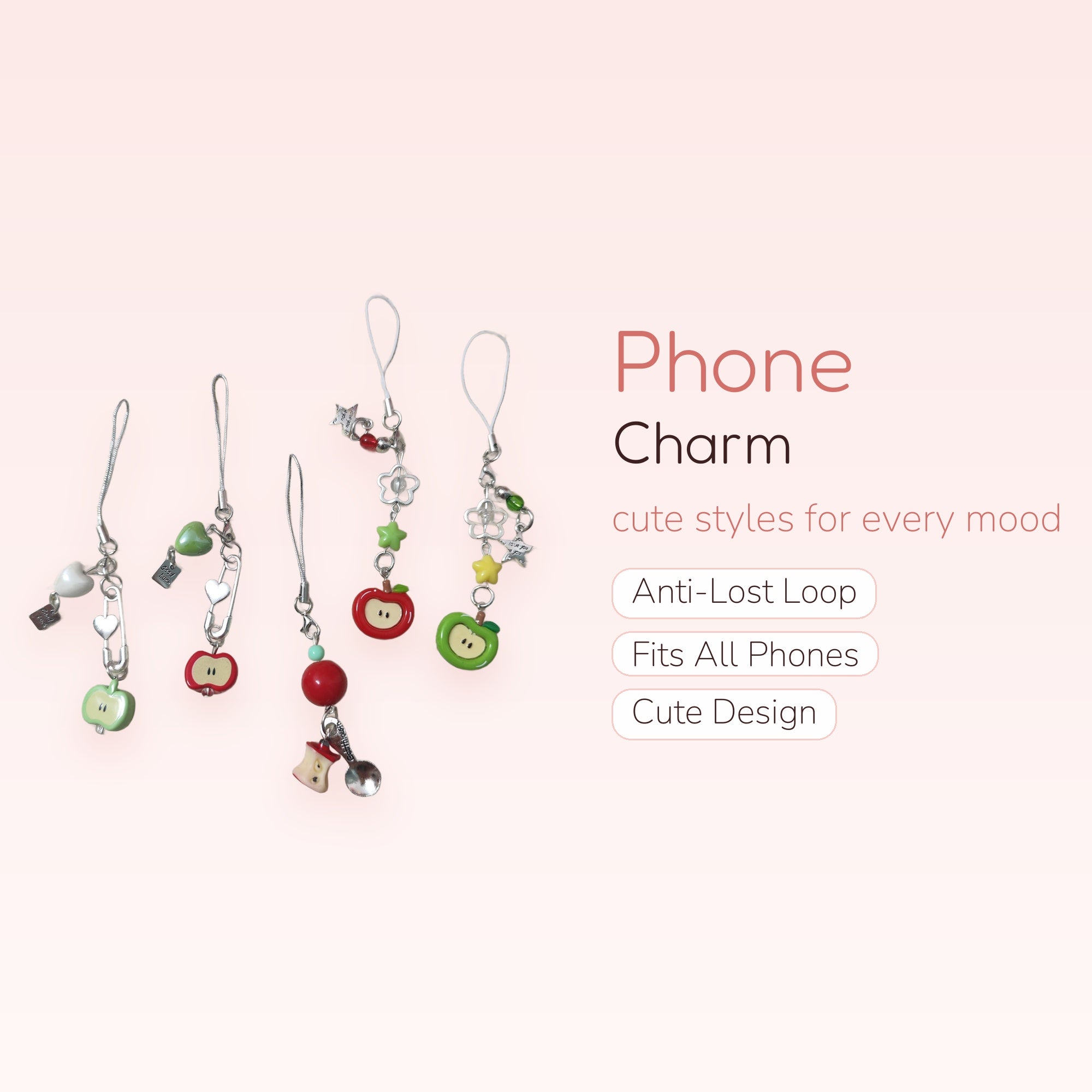 Kawaii Apple & Heart Phone Charm Strap | Y2K Fruit Beaded Wrist Lanyard