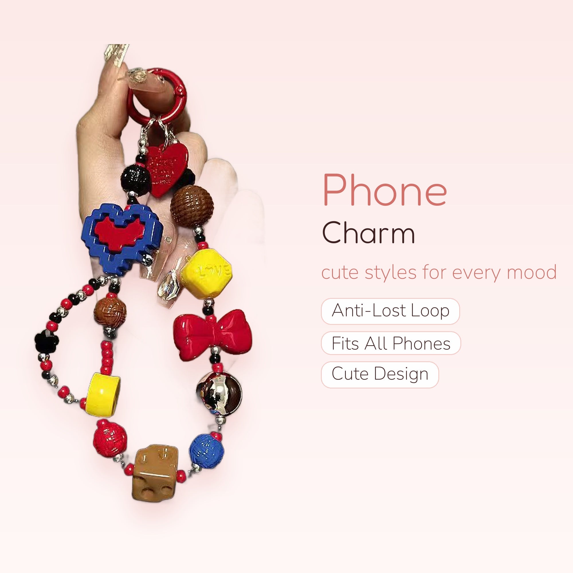 Y2K Pixel Heart & Chocolate Phone Charm | Cute Beaded Wrist Strap