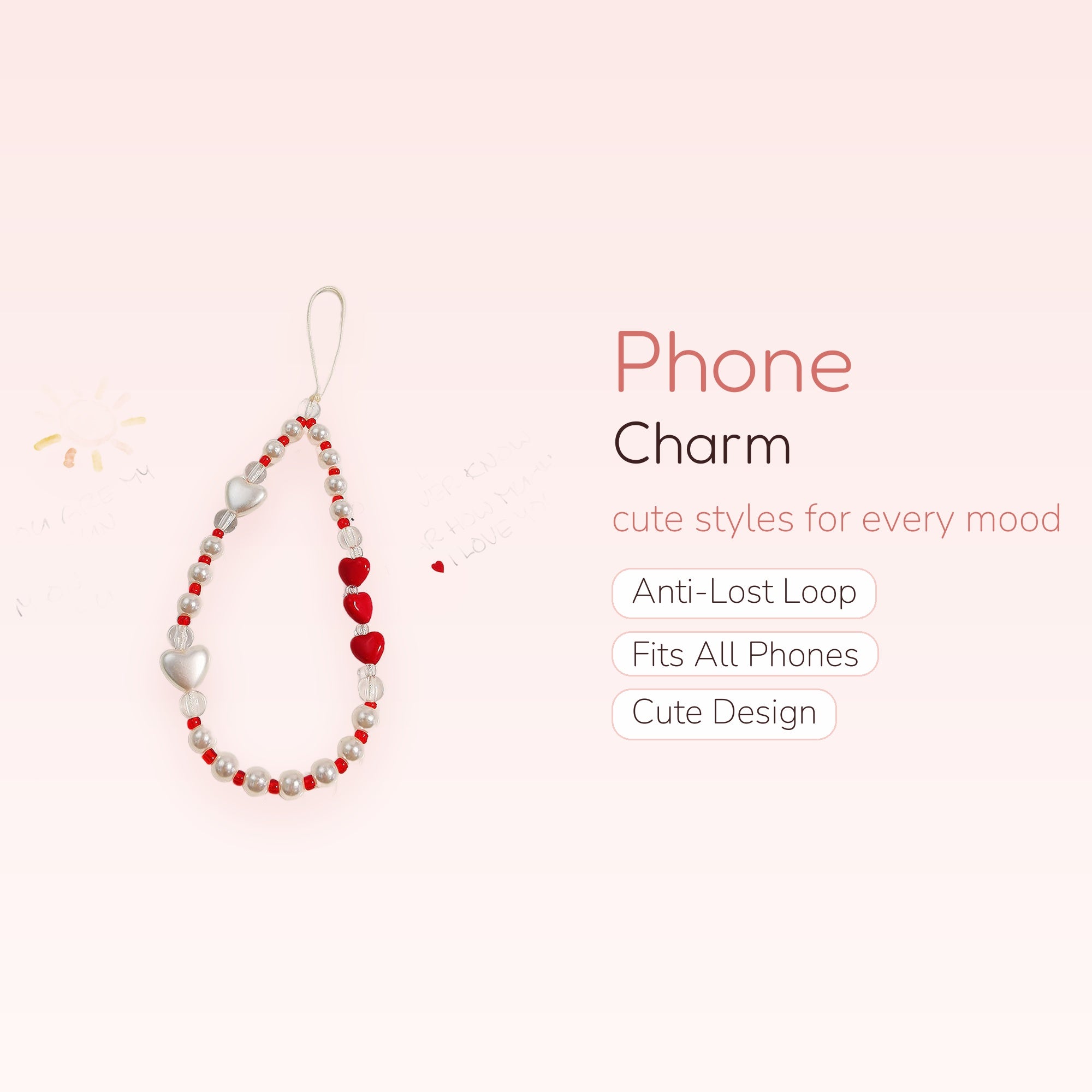 Cute Pearl & Heart Phone Charm Strap | Red & White Beaded Wrist Lanyard