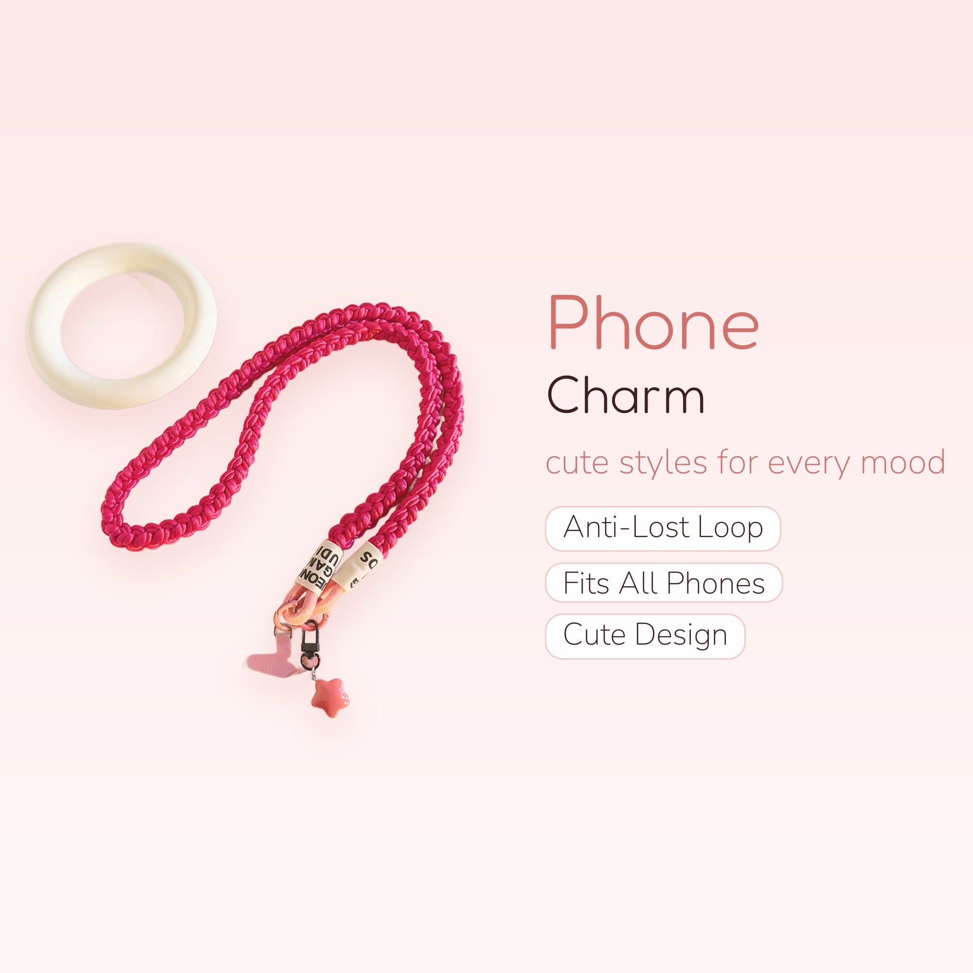 Hot Pink Braided Phone Lanyard | Cute Star & Heart Charm Wrist Strap