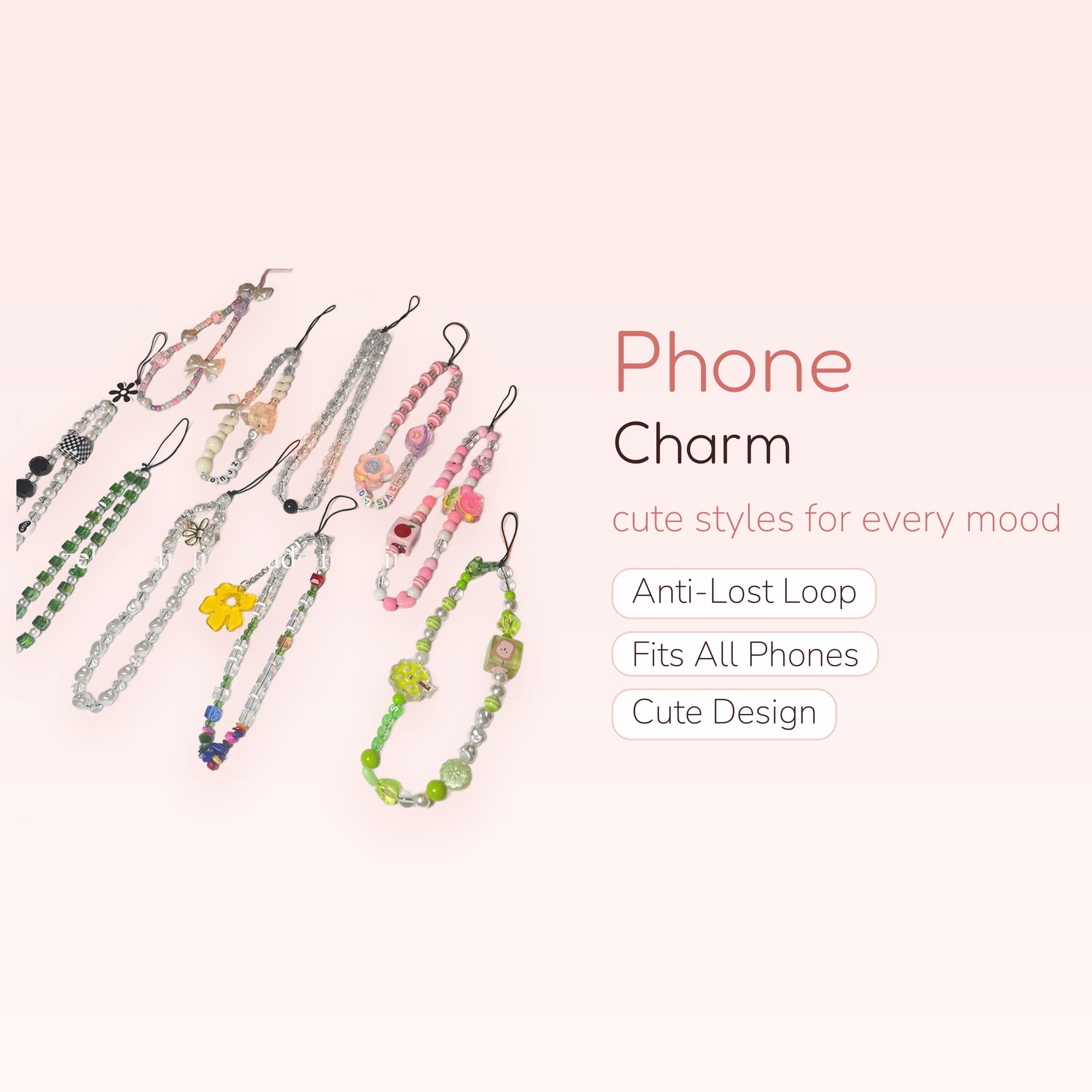 Kawaii Beaded Phone Charm Strap Collection | Pastel Pearl & Crystal Wrist Lanyards