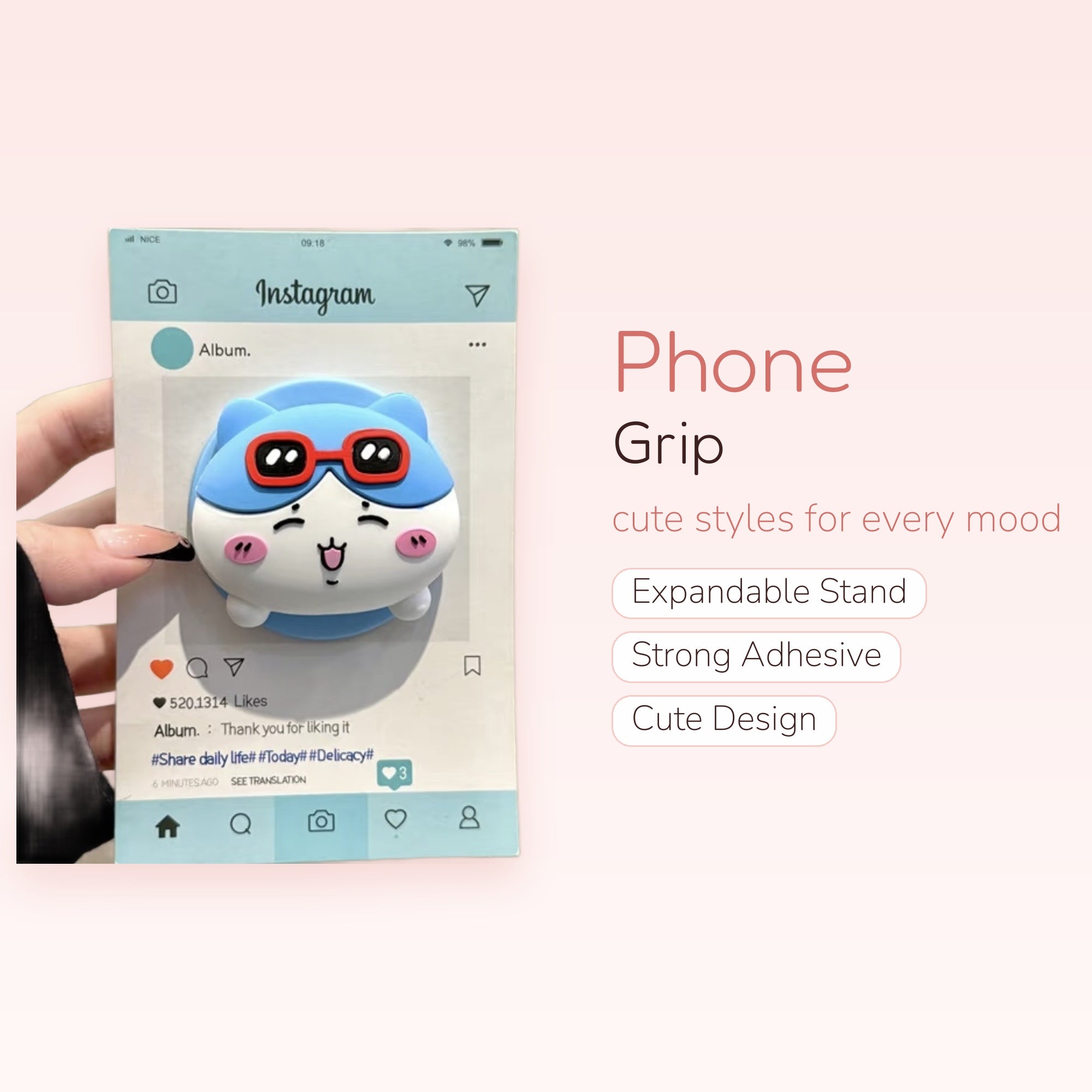 Cute Blue Hamster Instagram Phone Grip | Kawaii Pop Socket Stand