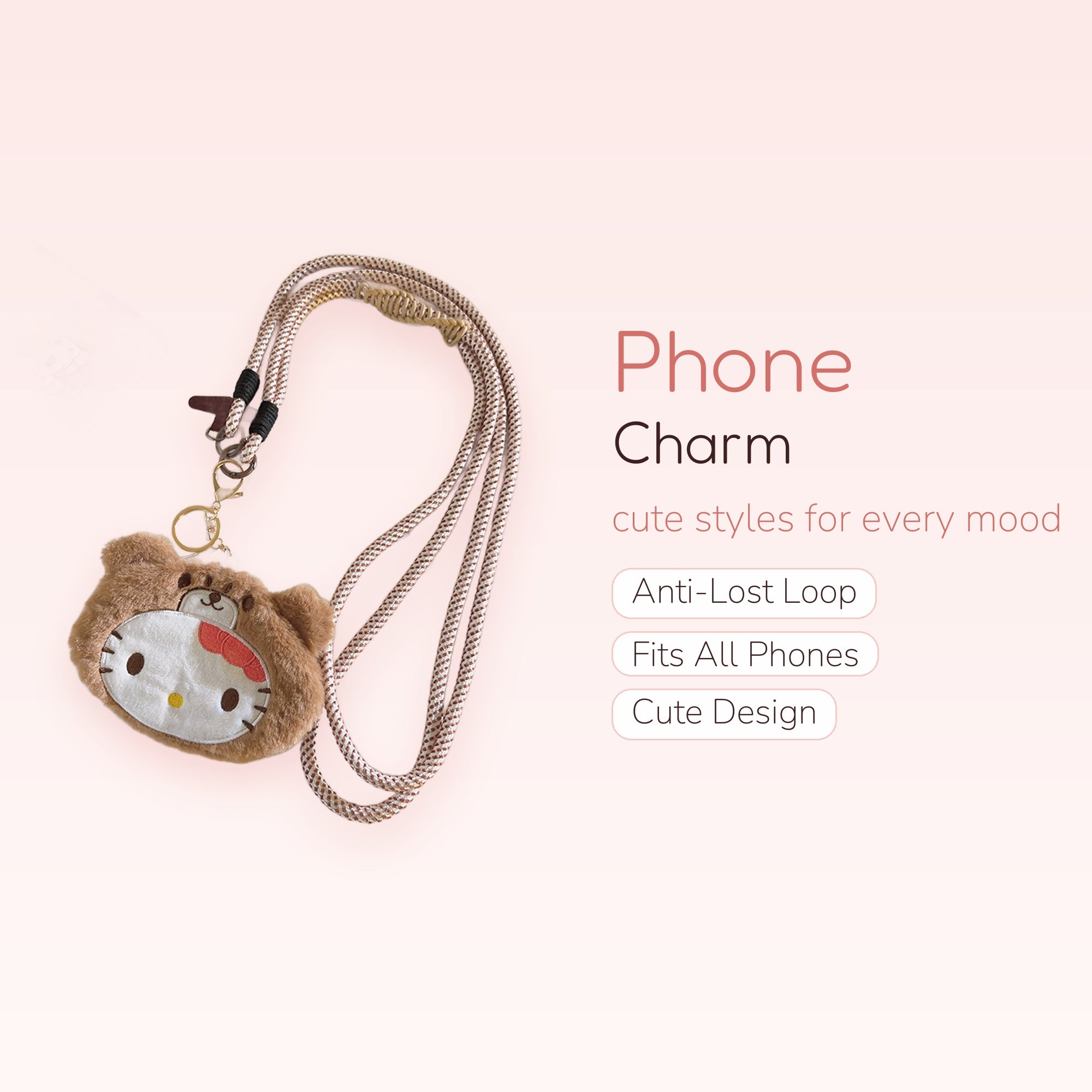 Kawaii Hello Kitty Bear Plush Phone Charm Lanyard | Cute Fluffy Crossbody Strap