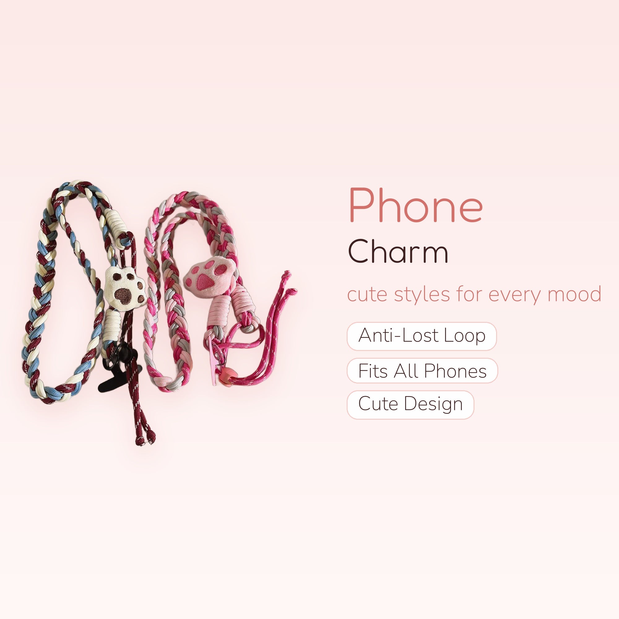 Braided Paw Print Phone Charm Lanyard | Cute Wrist Strap for Phone