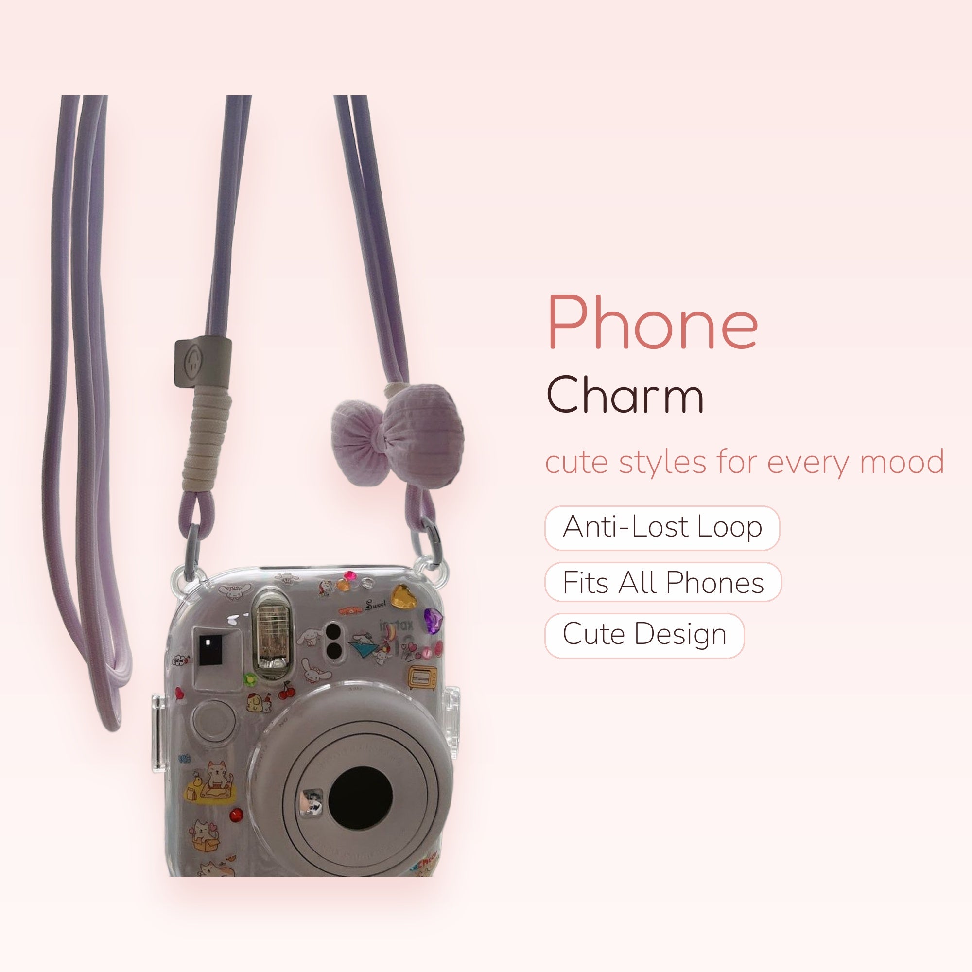 Kawaii Pastel Purple Camera Lanyard | Cute Bow & Sticker Instax Mini Strap