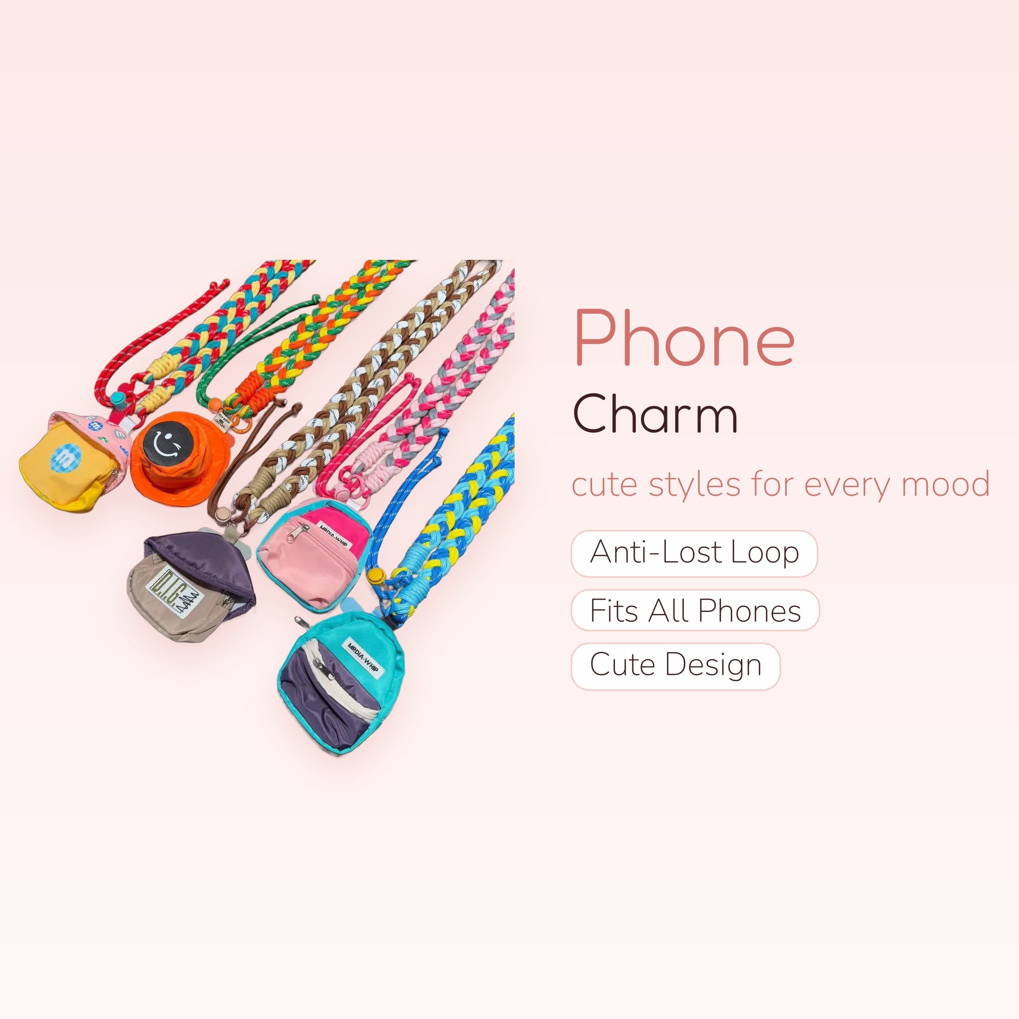 Braided Rope Lanyard Phone Charm | Colorful Woven Wrist Strap with Mini Bag Pendants