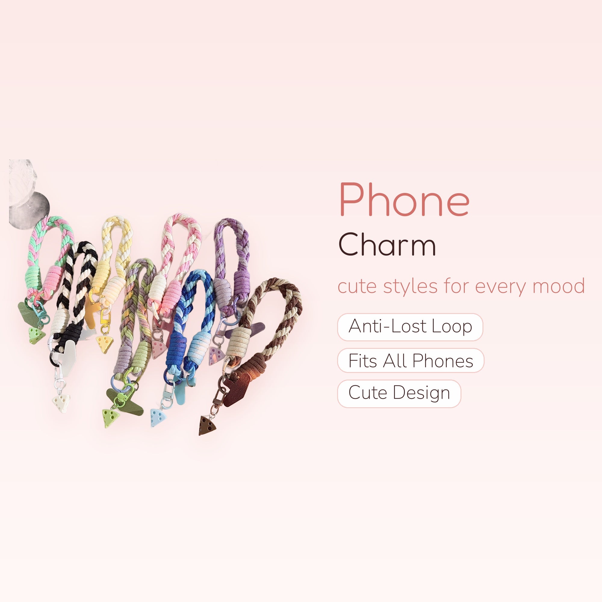 Braided Rope Cheese Phone Charm Strap | Cute Pastel Wrist Lanyard Keychain
