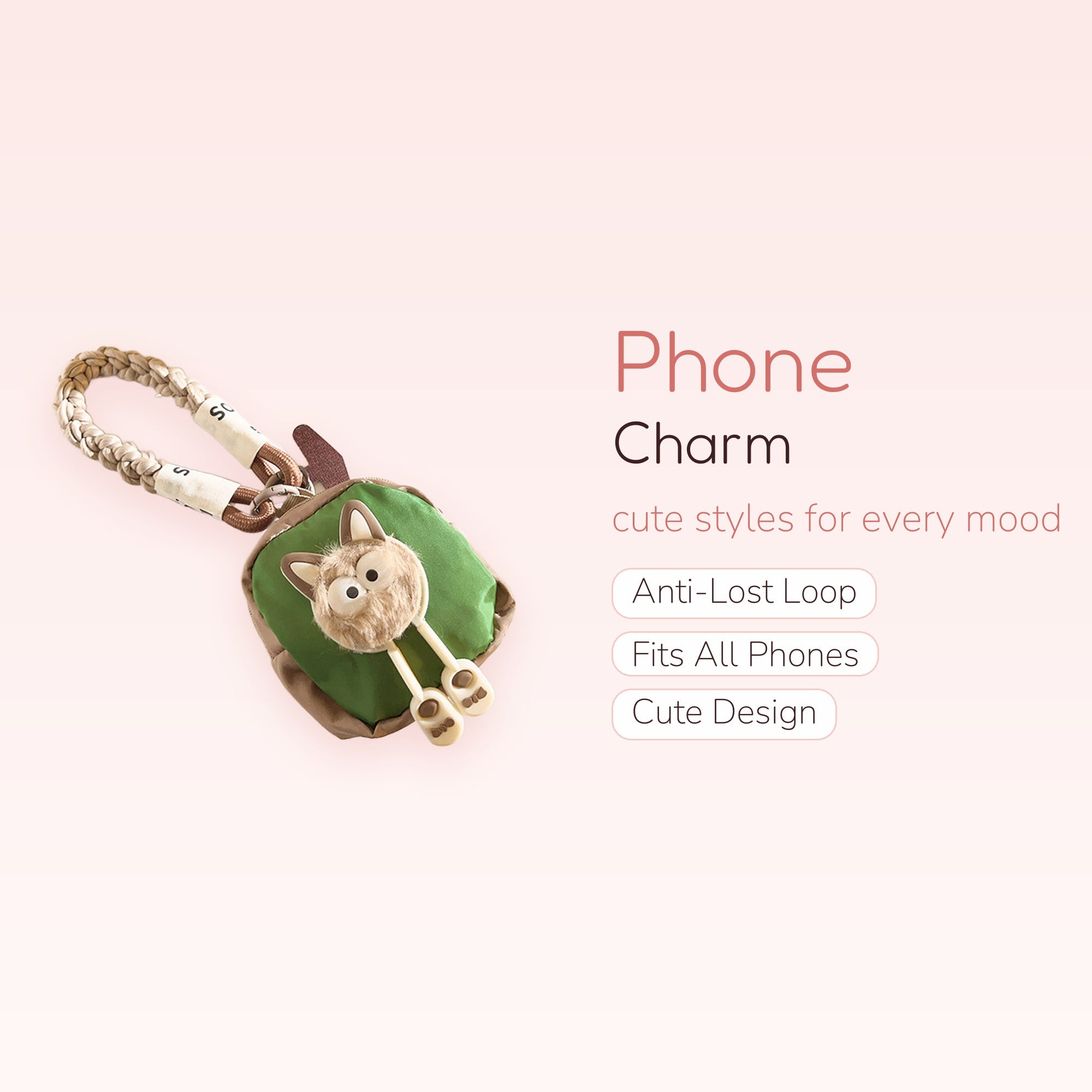 Cute Green & Brown Fuzzy Animal Phone Charm | Braided Wrist Strap Keychain