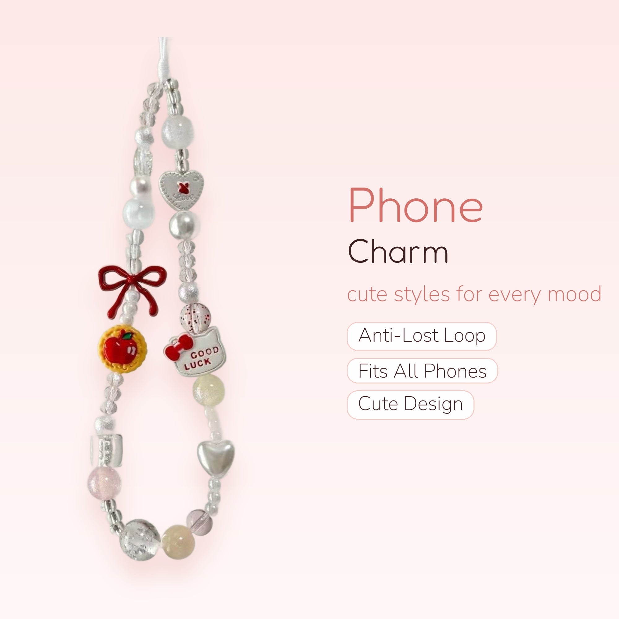 Kawaii Beaded Phone Charm Strap with Apple, Bow & Good Luck Charms | Pastel Y2K Wrist Lanyard
