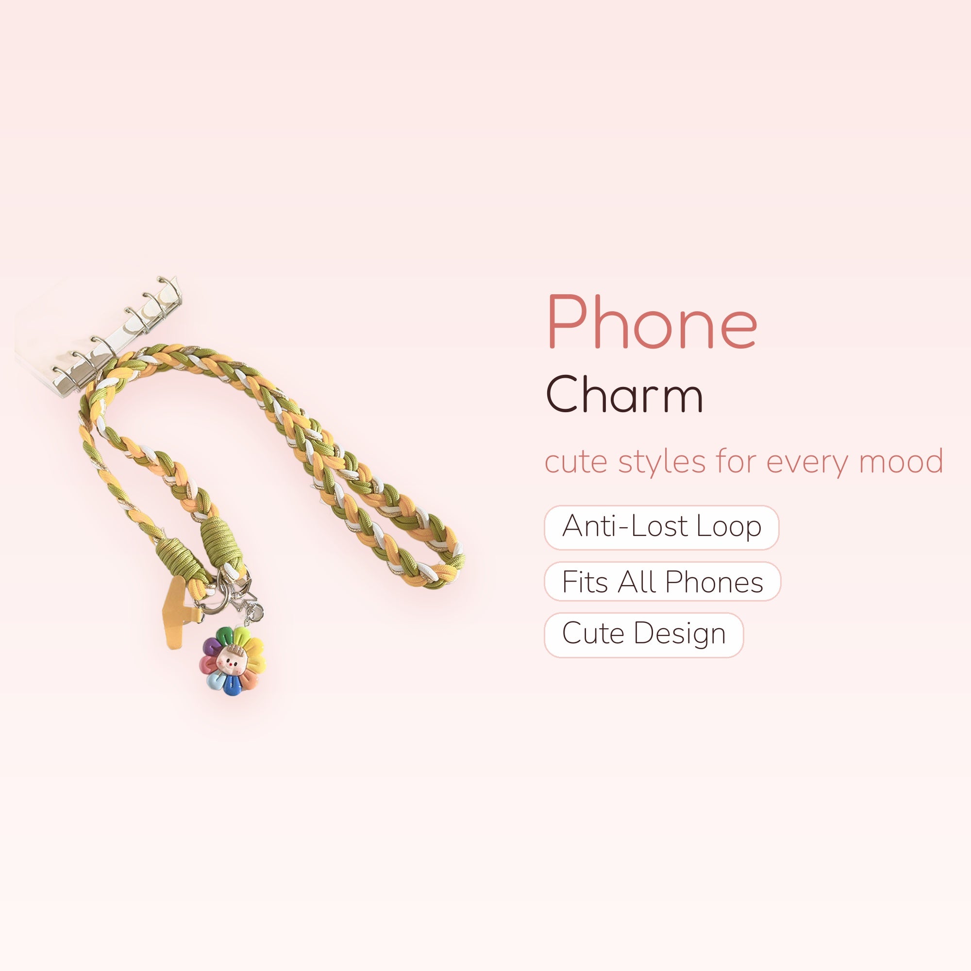 Braided Green & Yellow Lanyard Phone Charm | Cute Rainbow Flower Wrist Strap