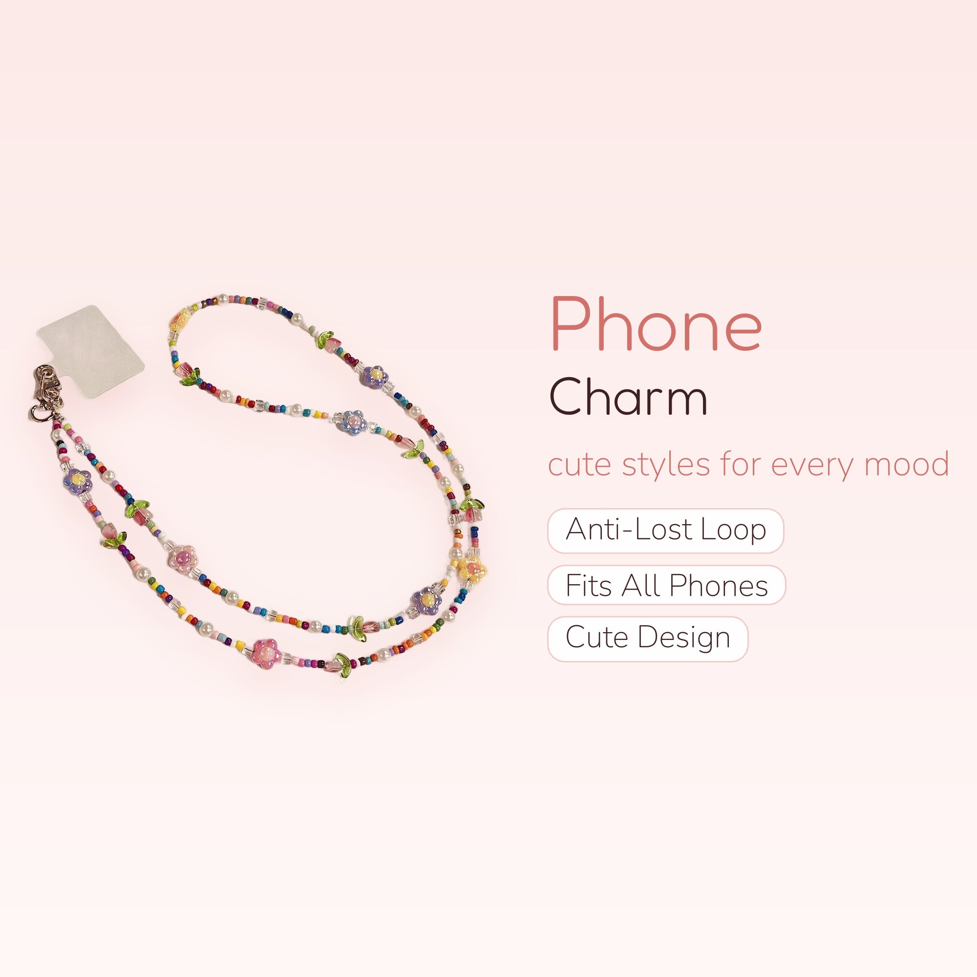 Kawaii Pearl & Flower Phone Charm Lanyard | Pastel Beaded Phone Strap