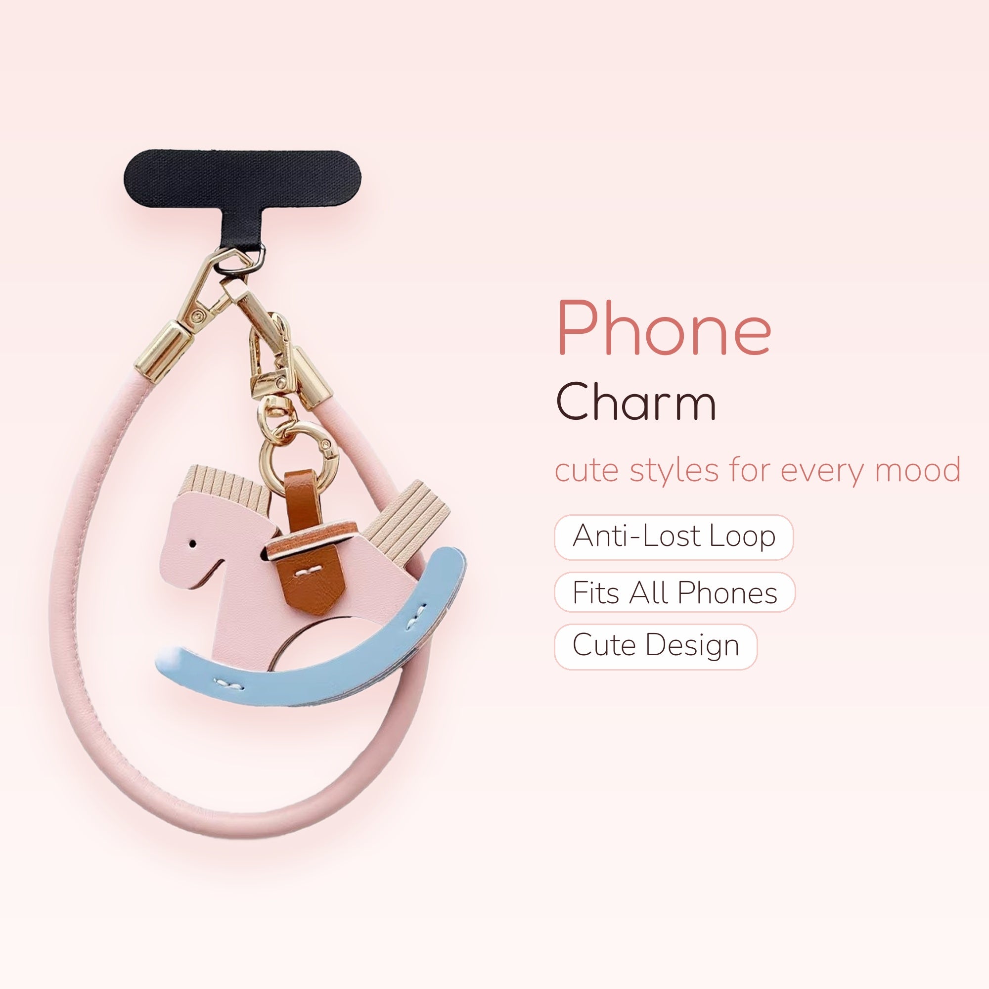 Cute Pink Rocking Horse Phone Charm | Kawaii Leather Wrist Strap Lanyard