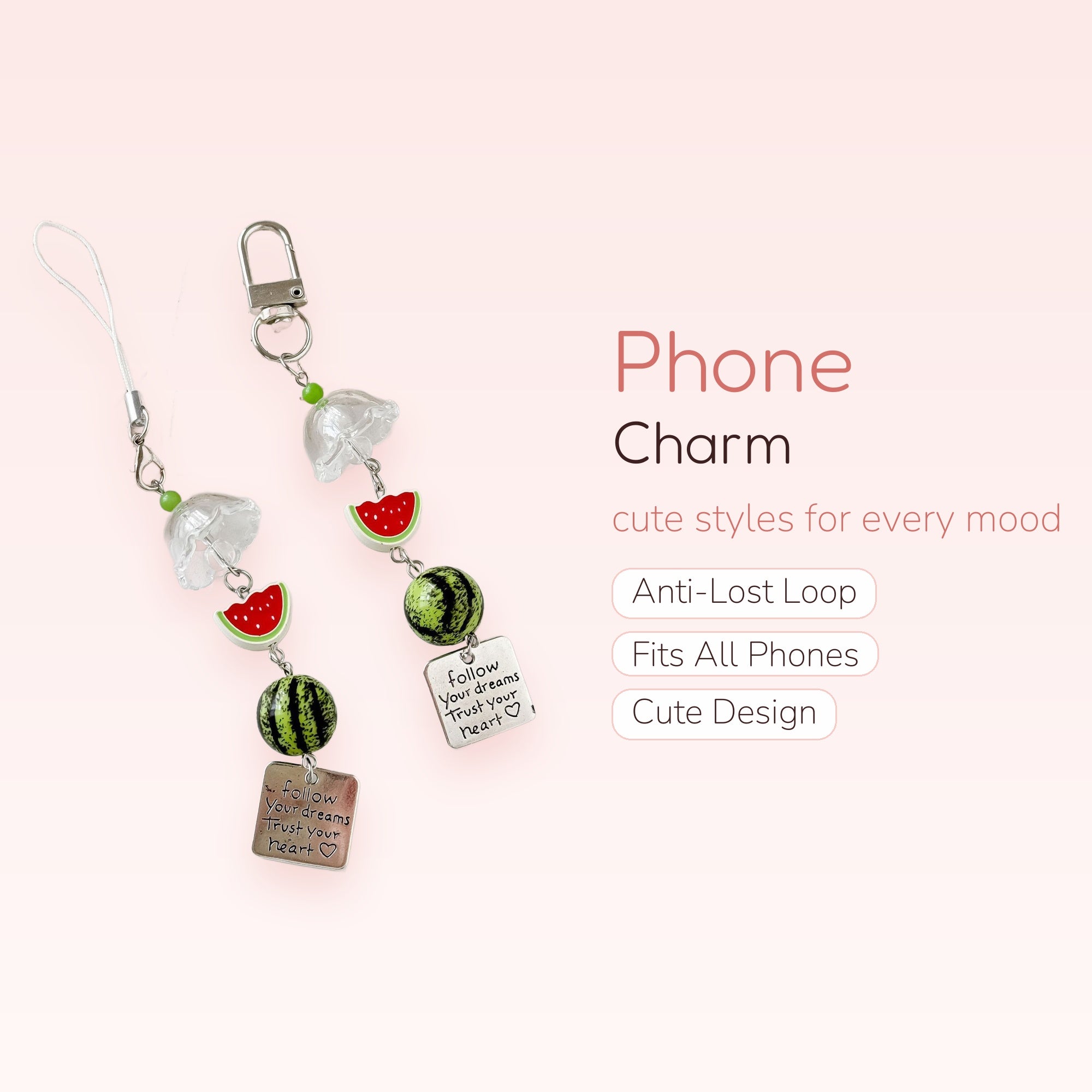 Cute Watermelon & Clear Bell Flower Phone Charm | Aesthetic Fruit Beaded Wrist Strap