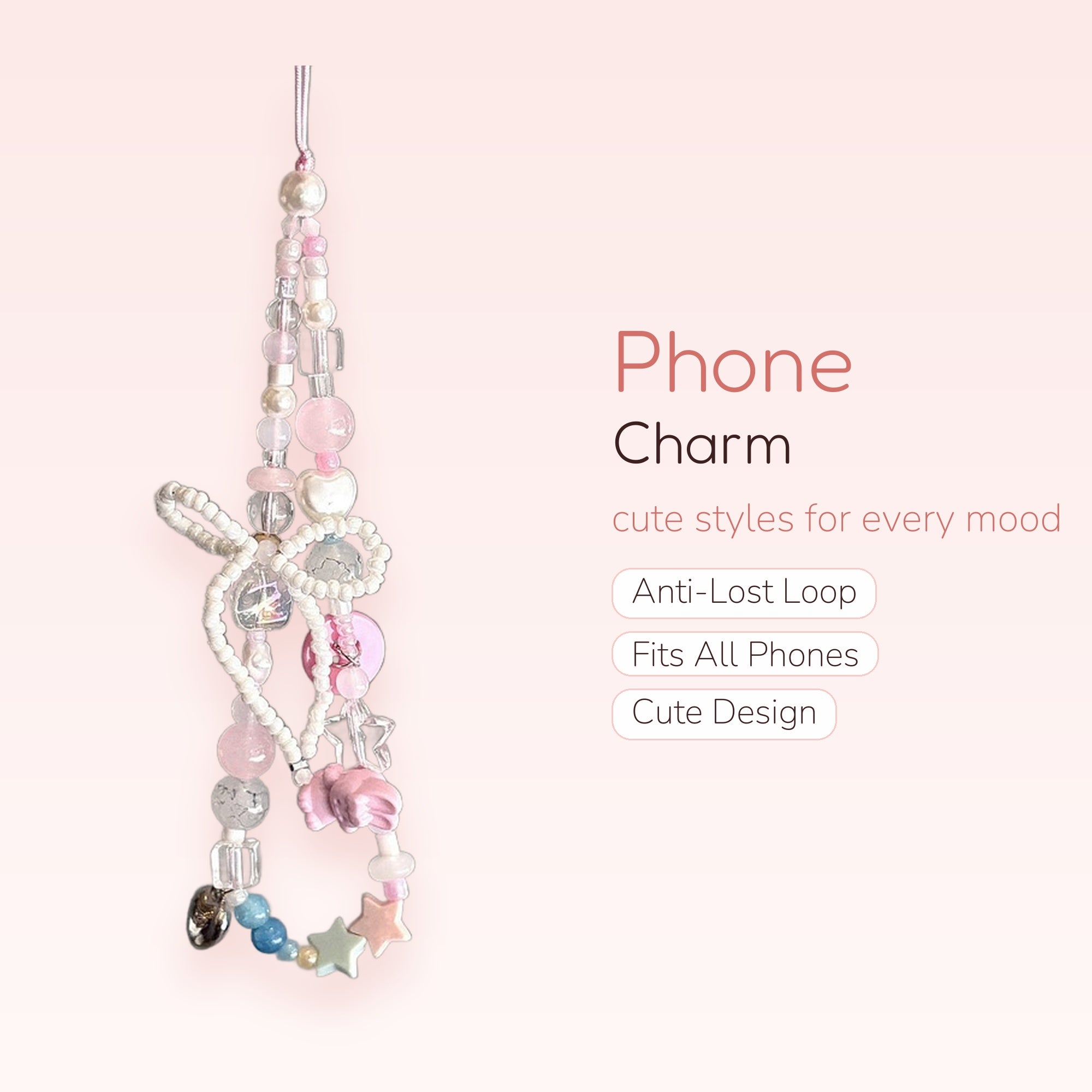 Pastel Pink & White Beaded Phone Charm | Kawaii Bow & Star Phone Strap