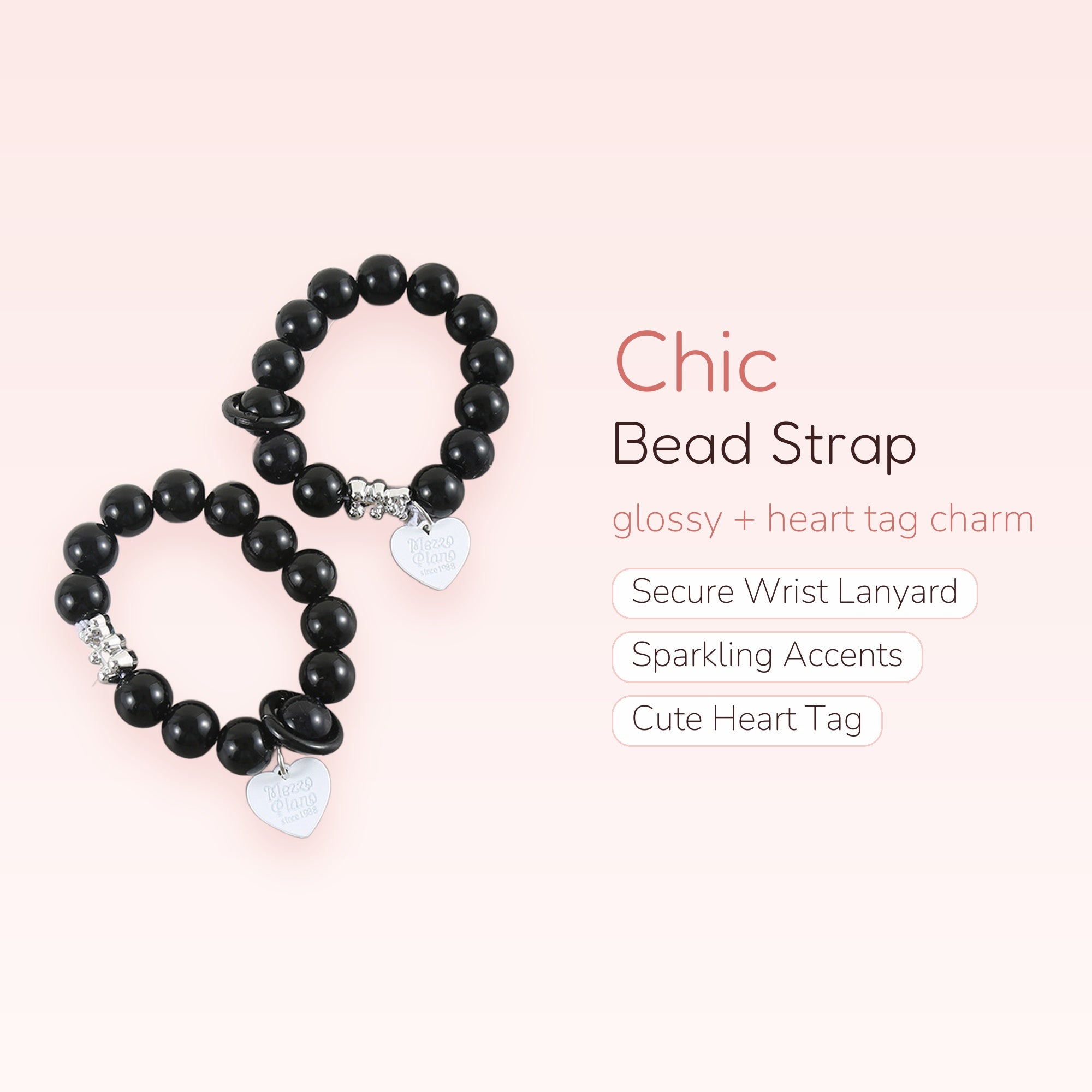 Chic Black Bead Phone Charm Strap | Heart Tag Wrist Lanyard