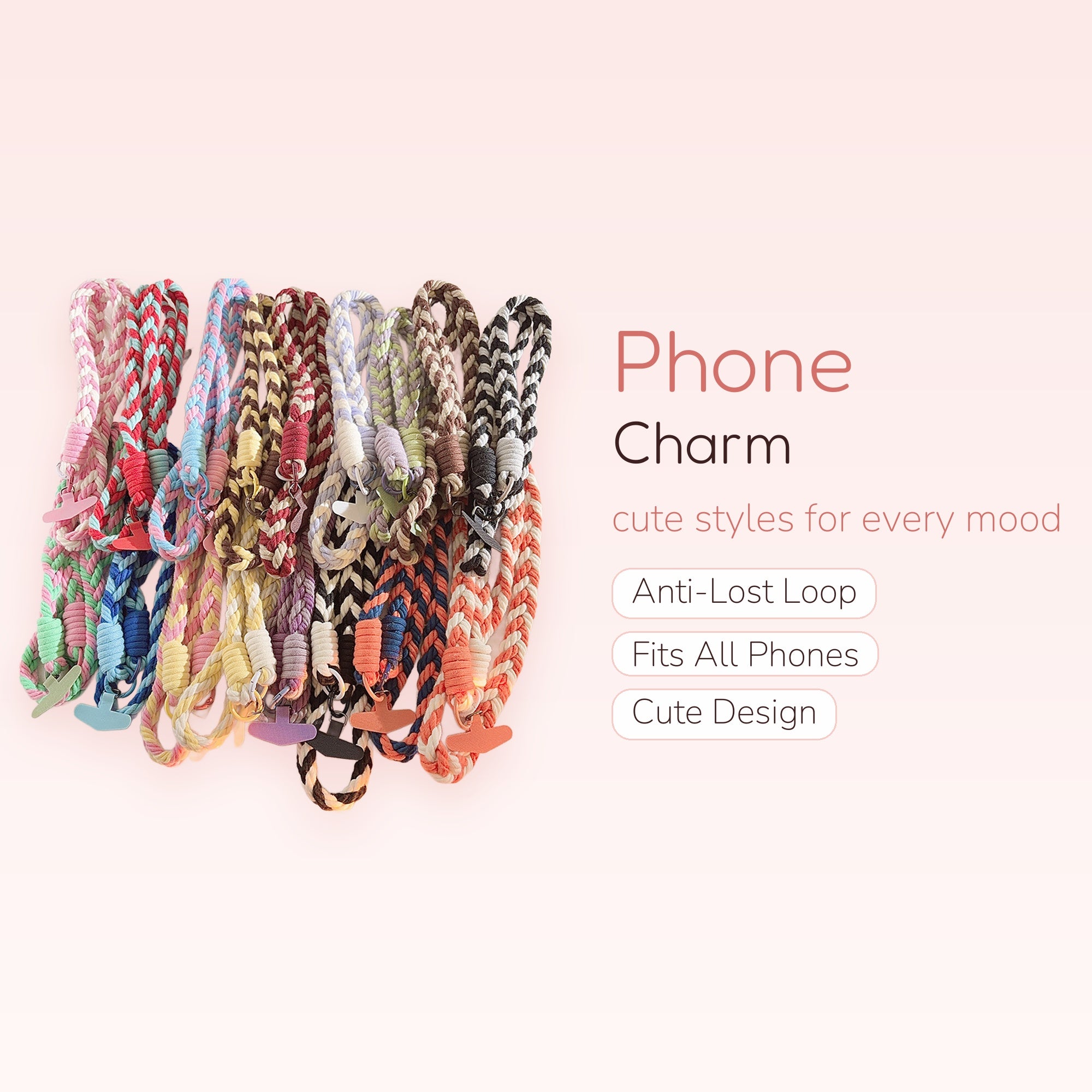 Braided Rope Phone Charm Lanyard | Colorful Woven Crossbody Strap with Phone Tab