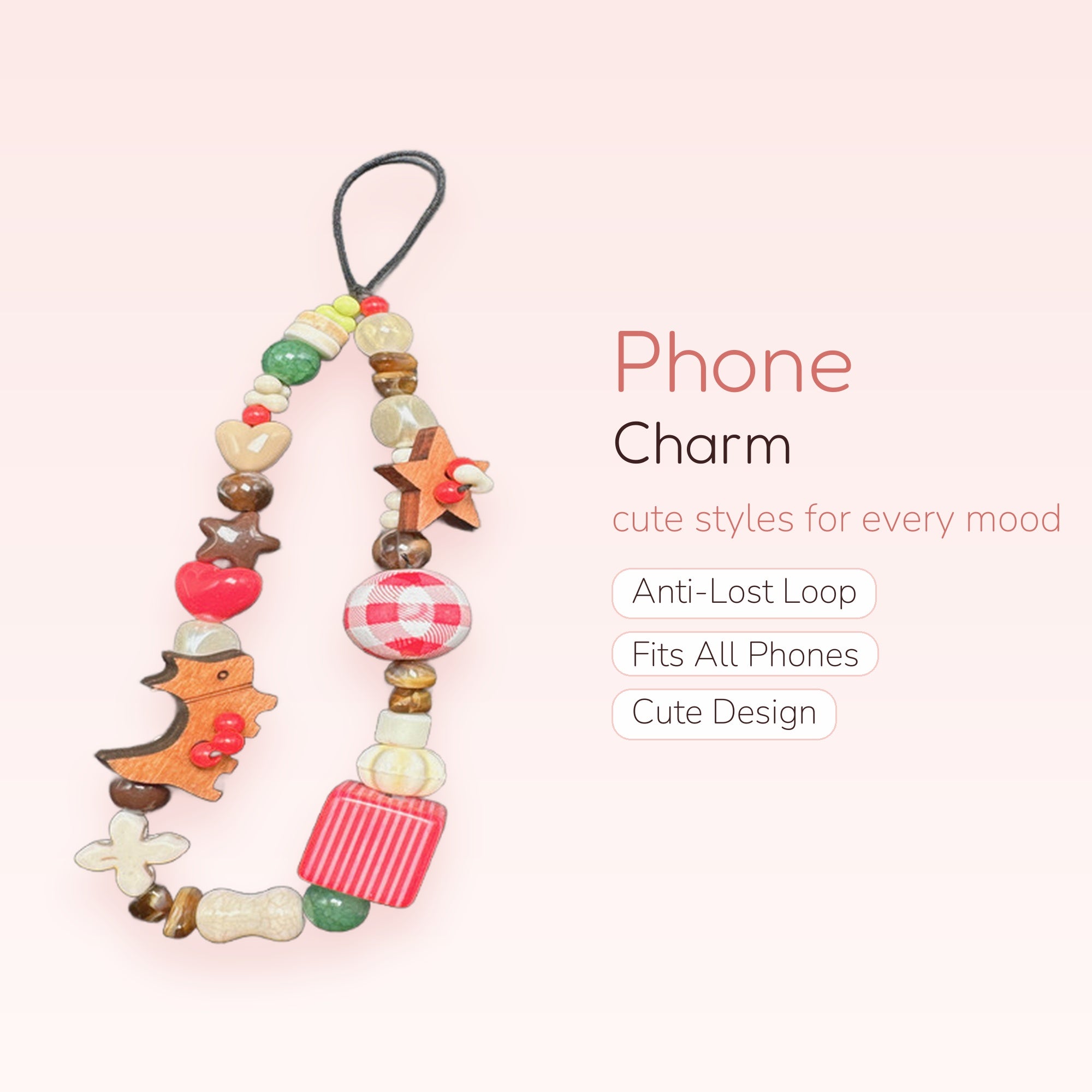 Cute Wooden & Beaded Phone Charm Strap | Kawaii Heart Star Dinosaur Wrist Lanyard