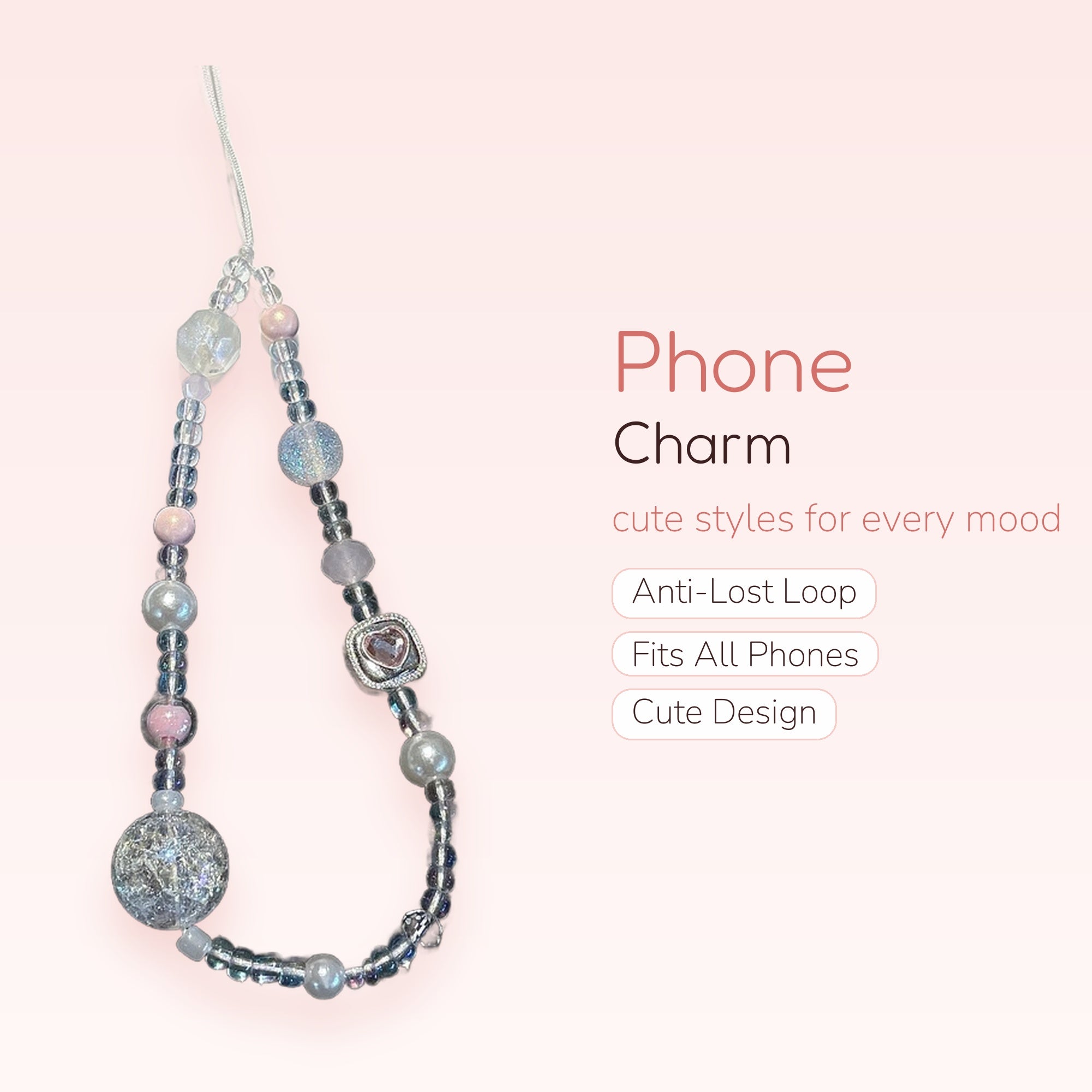 Kawaii Clear & Pink Beaded Phone Charm | Aesthetic Pearl Heart Wrist Strap