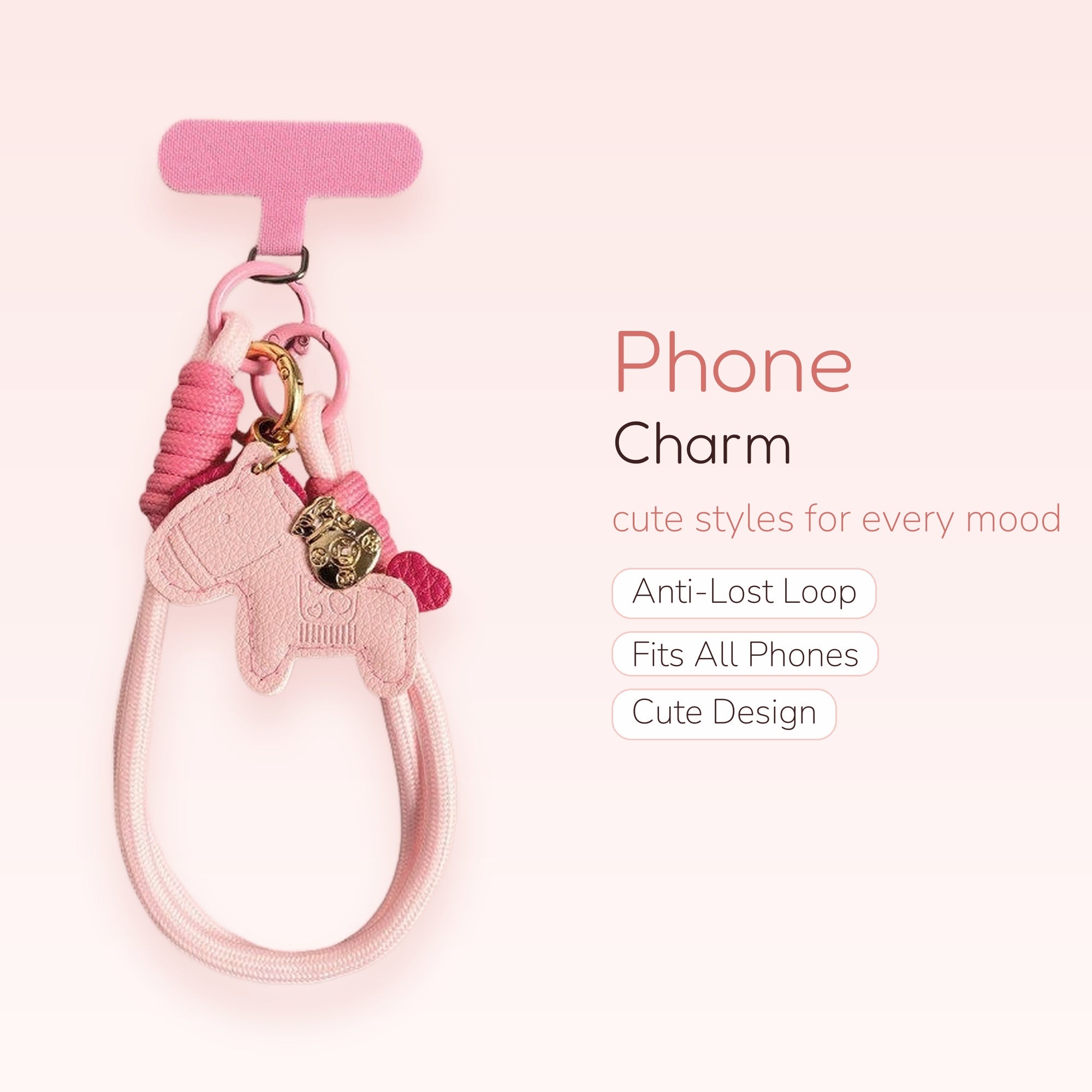 Cute Pink Horse Phone Charm | Aesthetic Braided Wrist Strap Lanyard