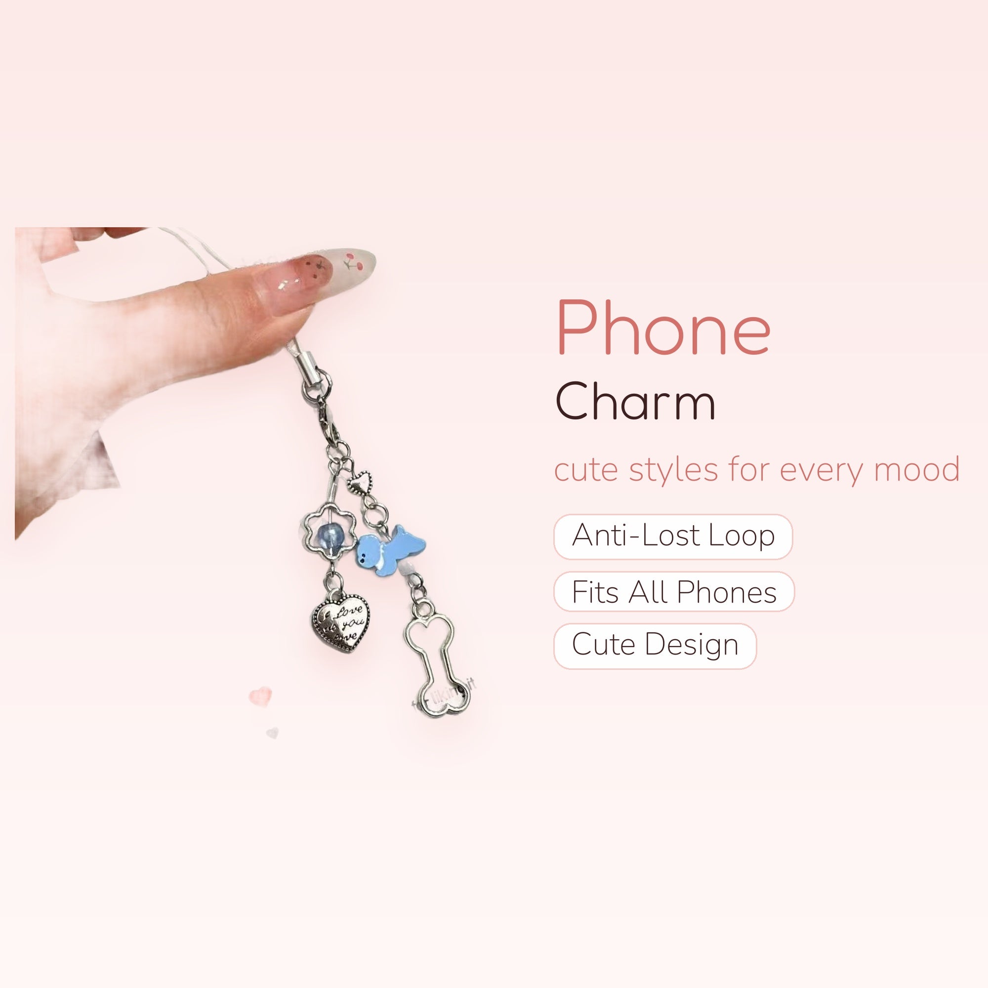 Y2K Silver Charm Phone Strap | Blue Dino & Heart Beaded Wrist Lanyard