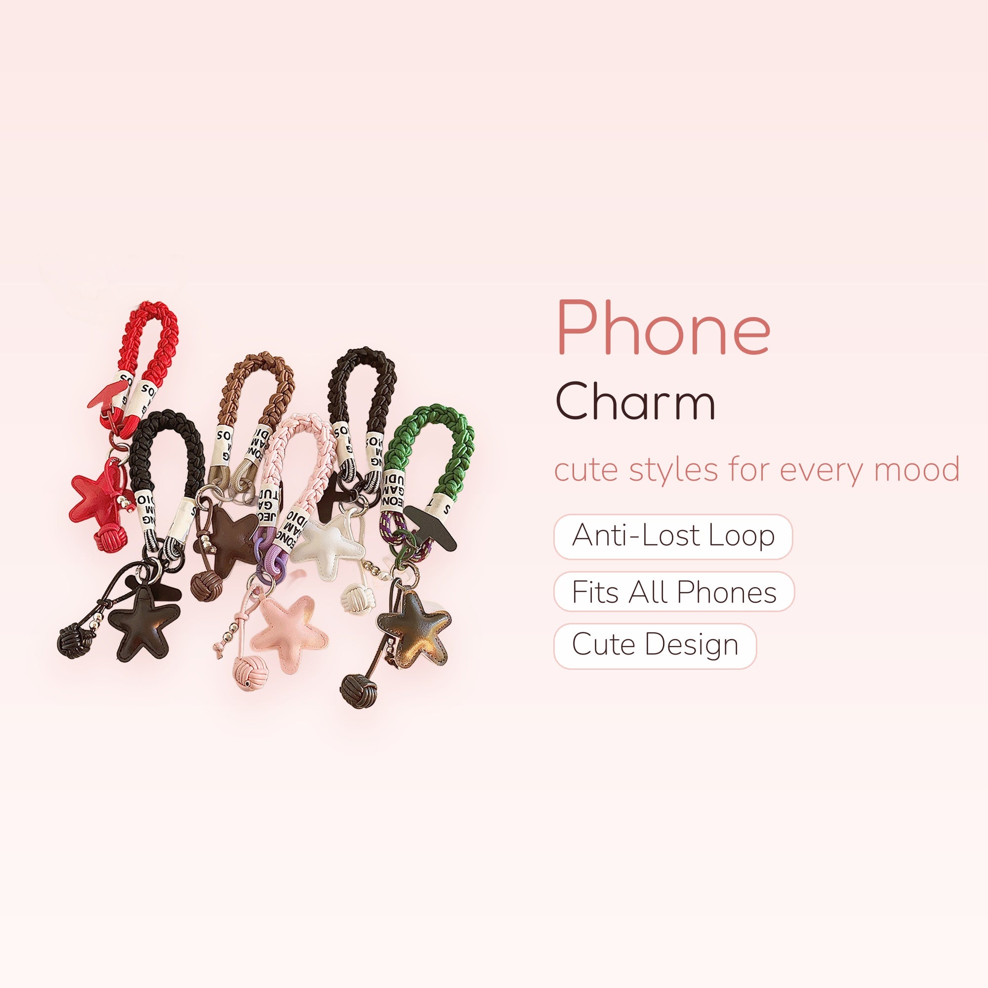 Braided Wrist Strap Phone Charm with Star & Ball Pendants | Cute Aesthetic Lanyard