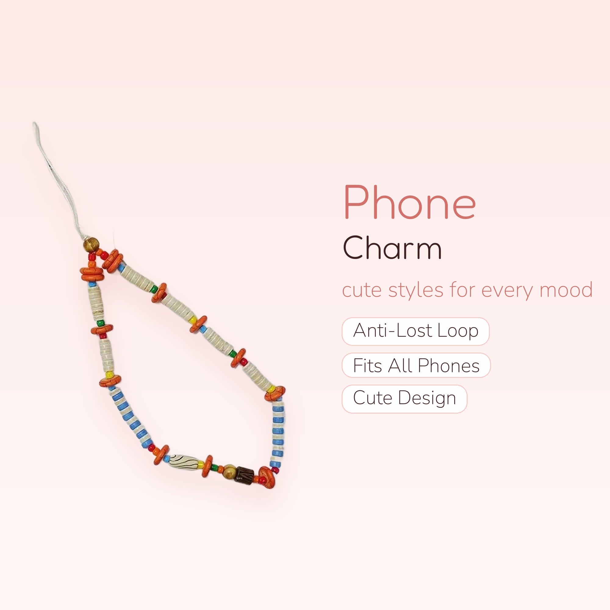 Boho Beaded Phone Charm Strap | Colorful Clay & Shell Bead Wrist Lanyard