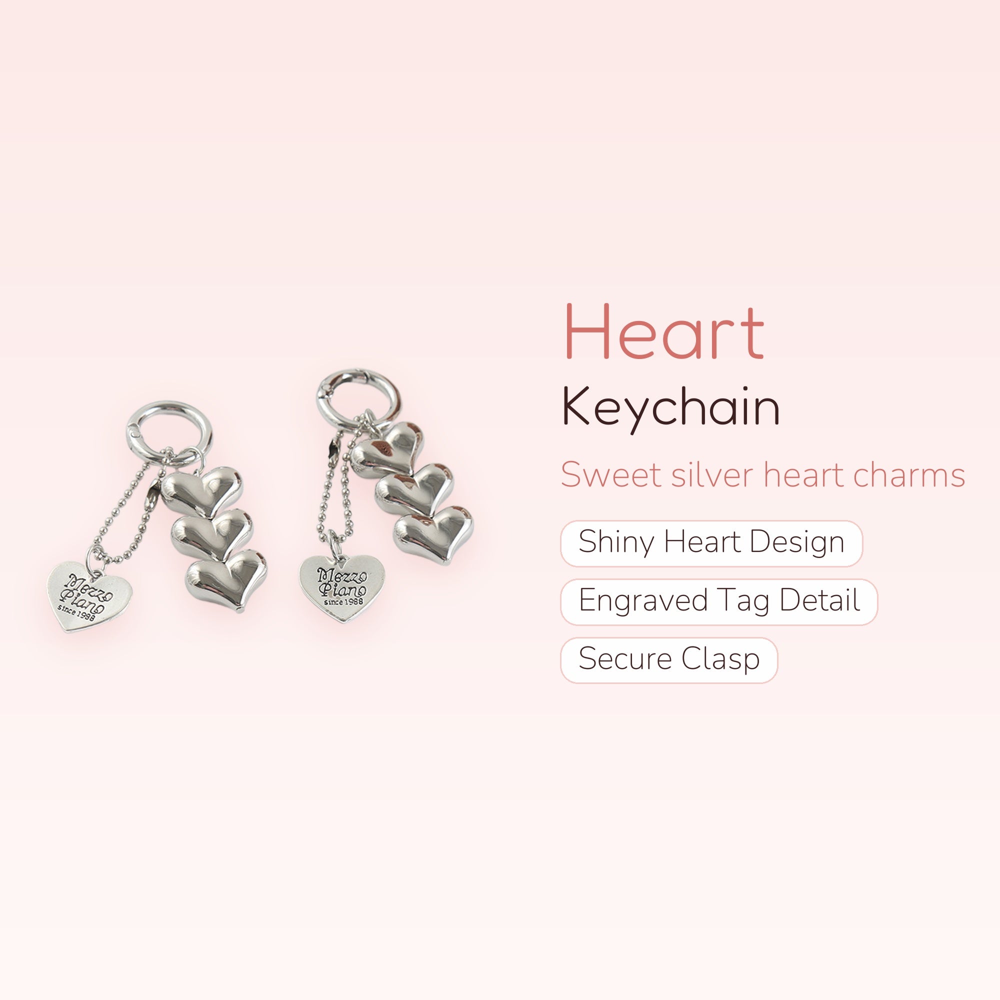 Silver Heart Phone Charm Keychain | Cute Mezzo Piano Lanyard