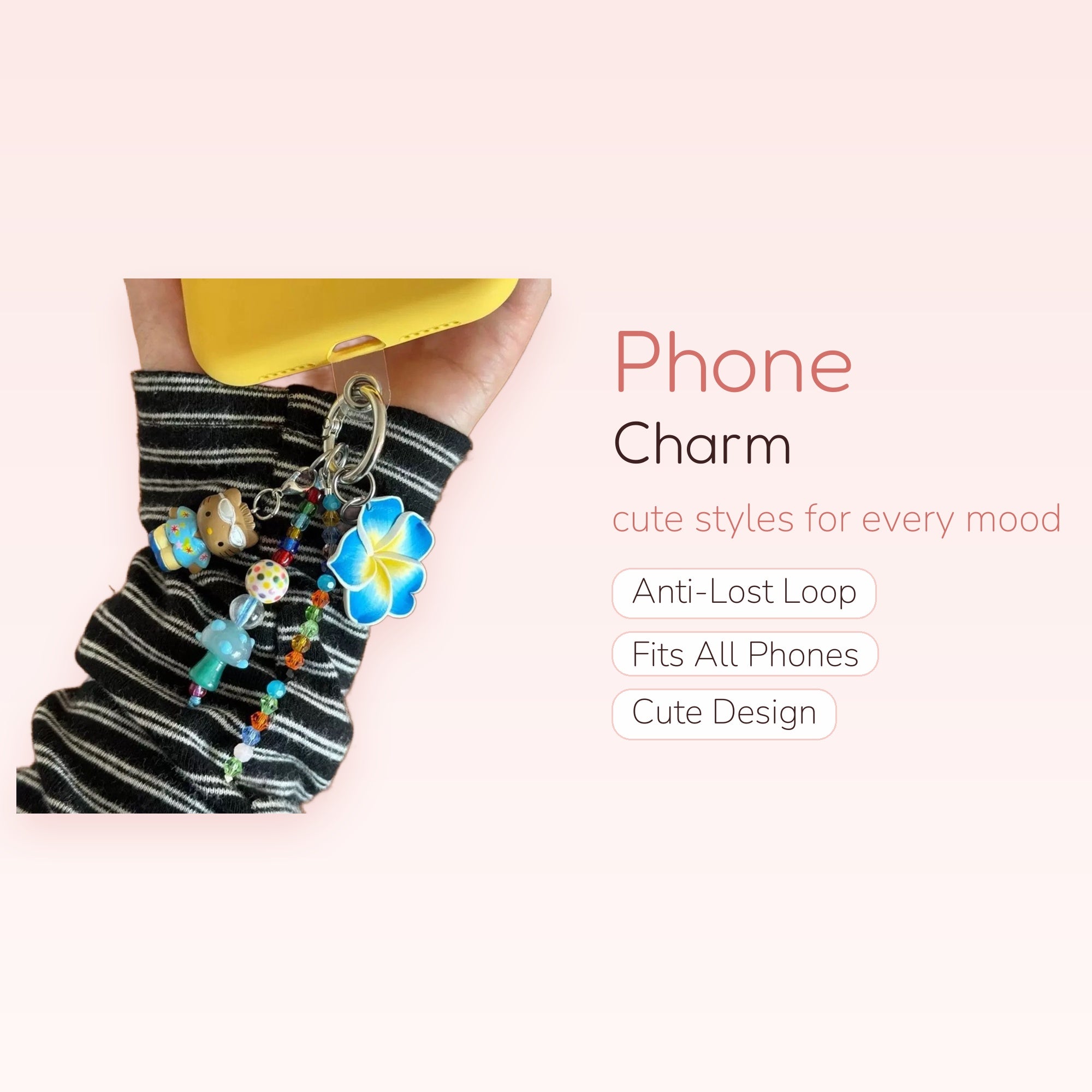 Kawaii Blue Plumeria & Bear Phone Charm | Beaded Wrist Strap with Mushroom & Polka Dot Charms