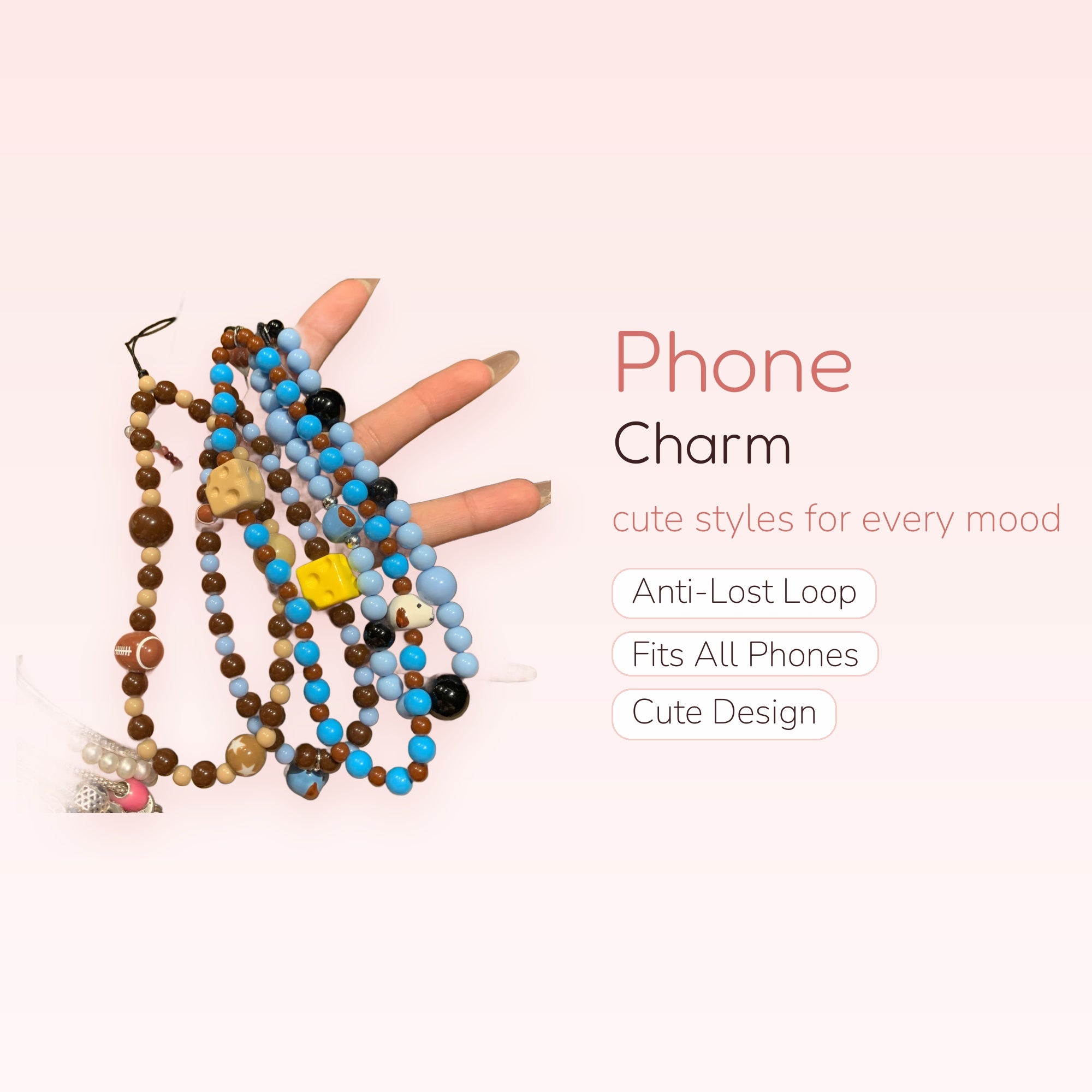 Cute Brown & Blue Beaded Phone Charm | Kawaii Cheese & Football Wrist Strap