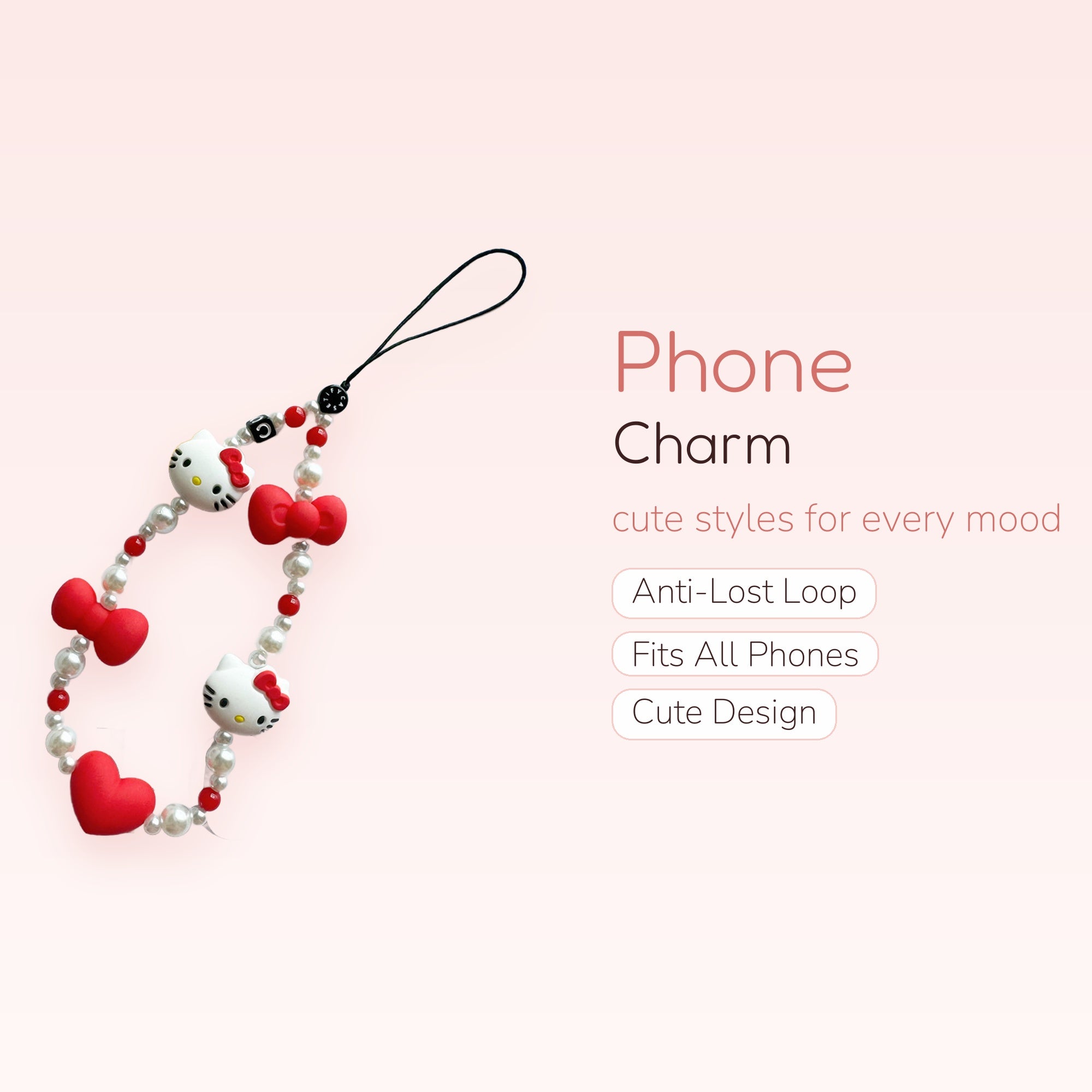 Kawaii Hello Kitty & Red Bow Phone Charm | Pearl Beaded Wrist Lanyard