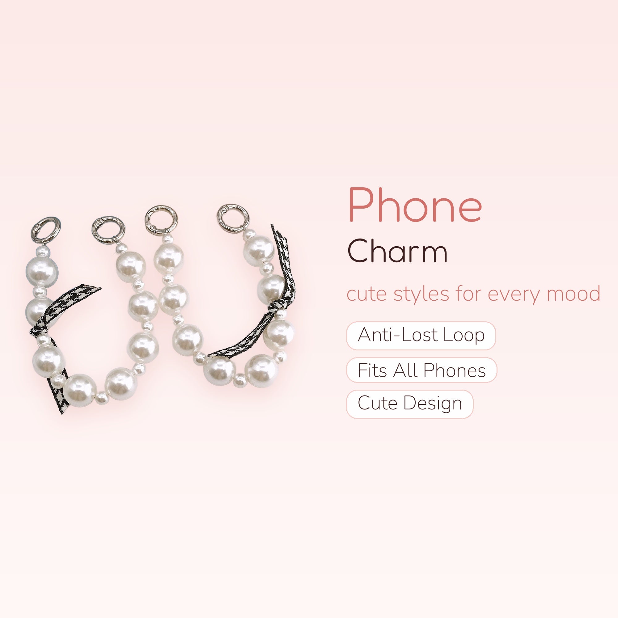 Chic Pearl Beaded Phone Charm Strap | Elegant Black & White Ribbon Wrist Lanyard