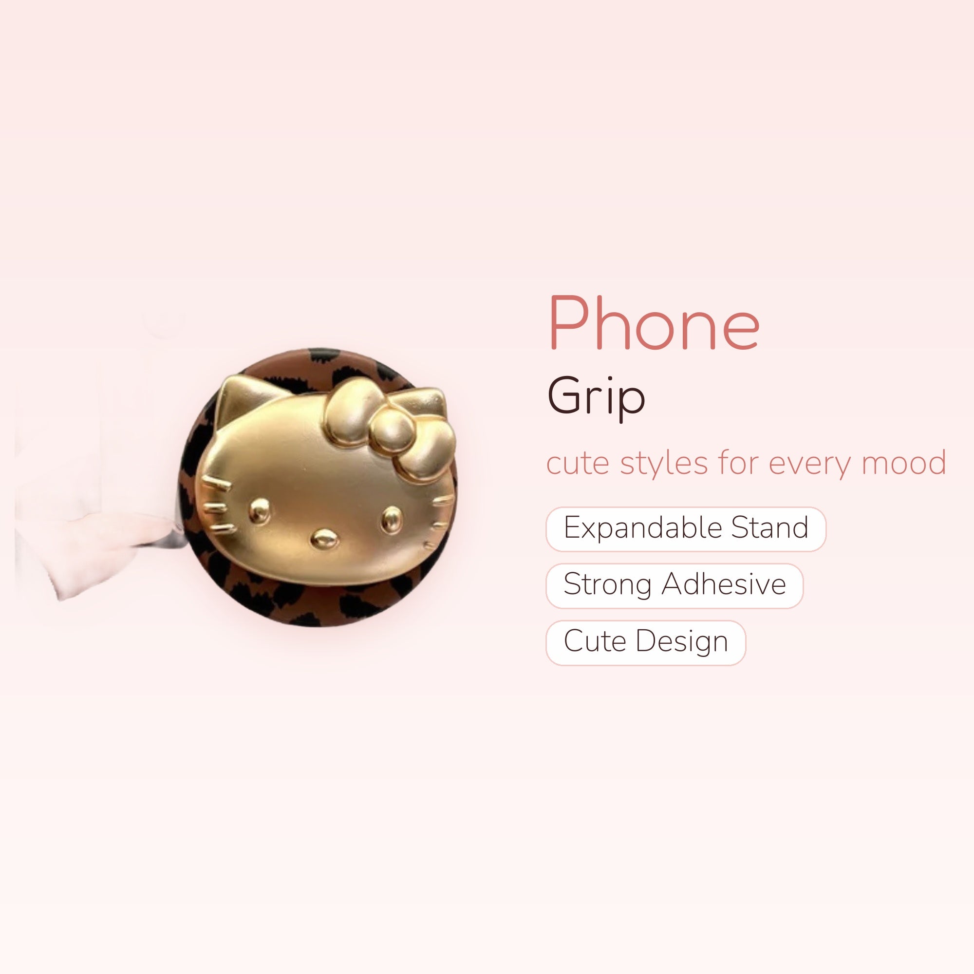 Gold Hello Kitty Leopard Print Phone Grip | Cute Pop Socket Stand