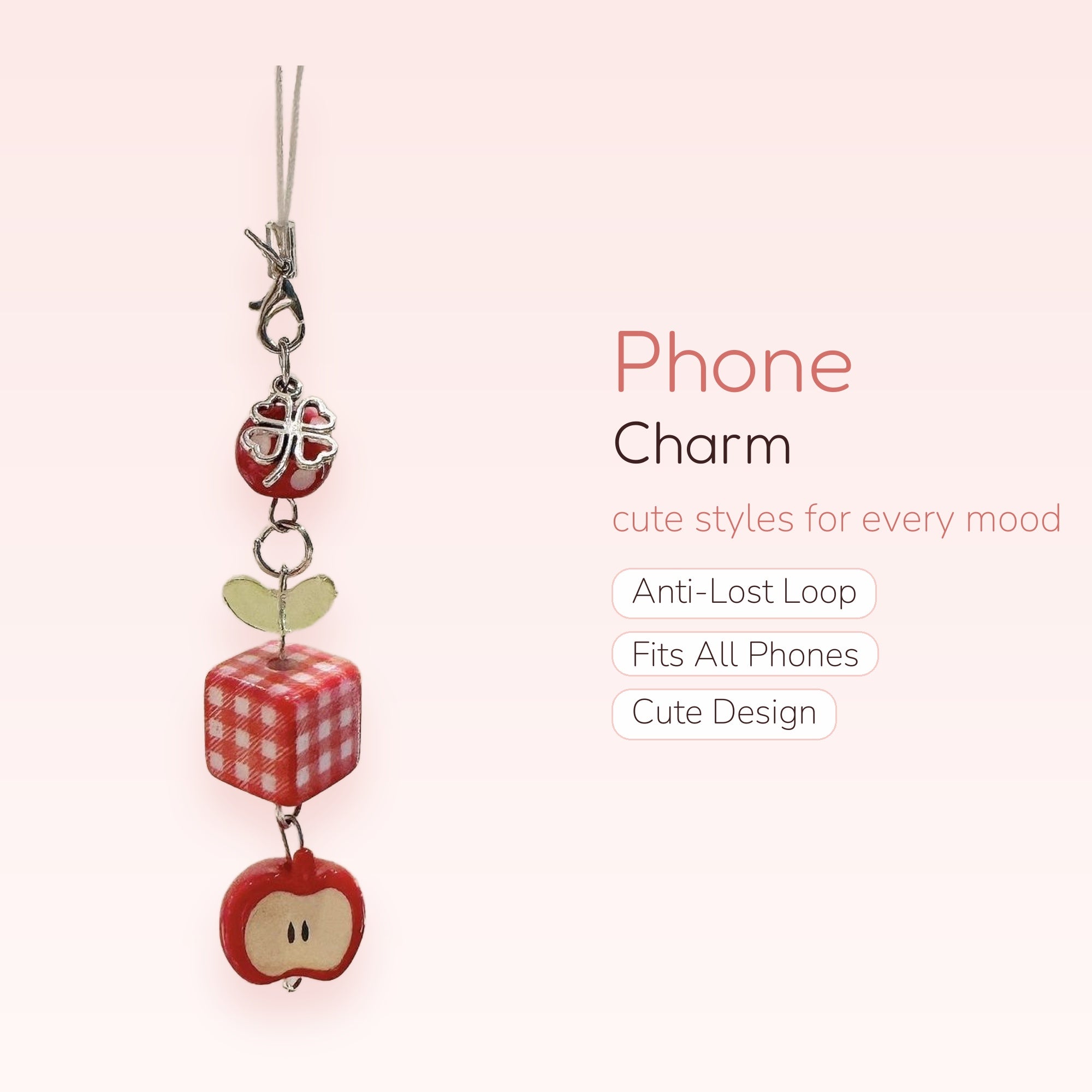 Cute Red Gingham & Apple Phone Charm | Kawaii Fruit & Clover Lanyard