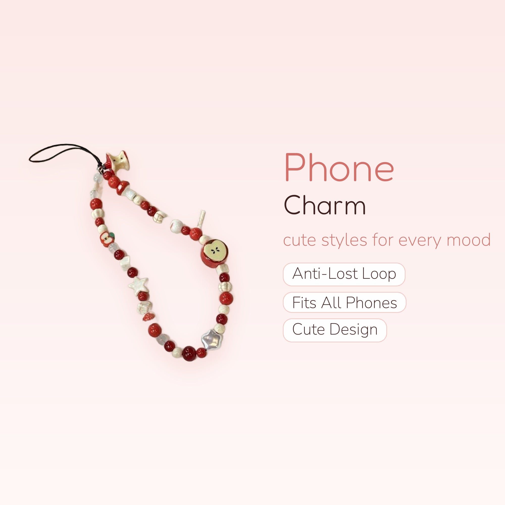 Cute Red & White Apple Beaded Phone Charm | Aesthetic Star & Mushroom Wrist Strap