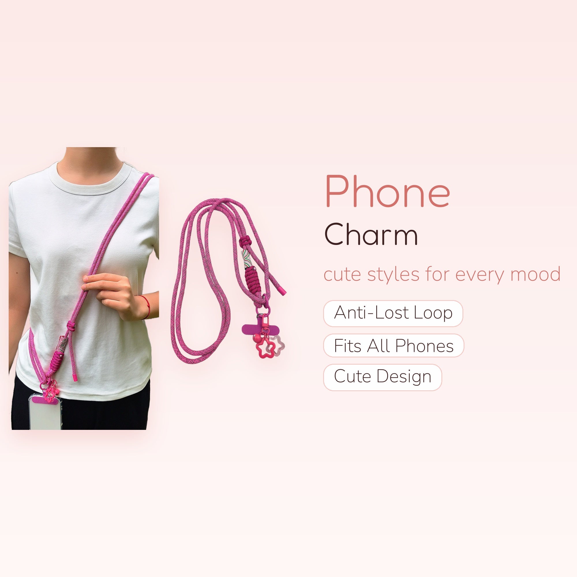 Hot Pink Rope Phone Charm Lanyard | Adjustable Crossbody Strap with Star Charms