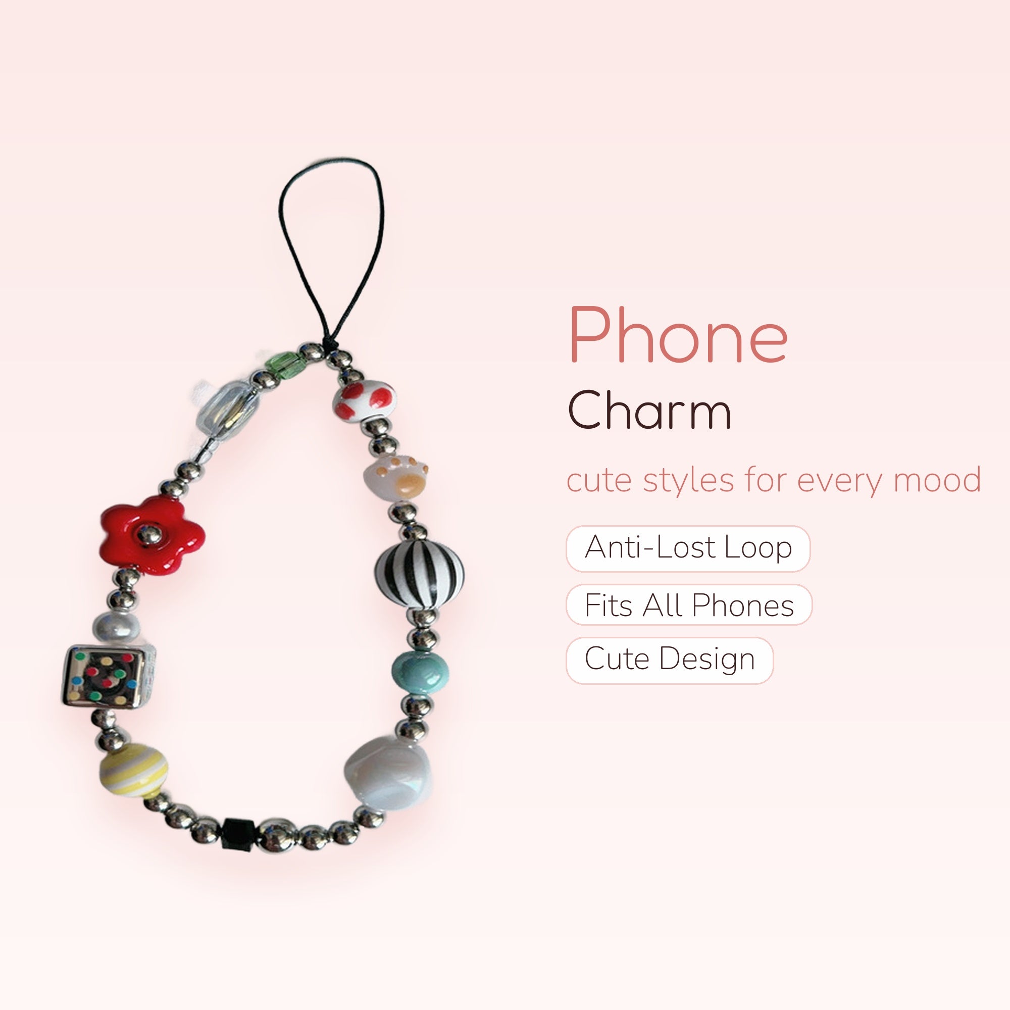 Kawaii Beaded Phone Charm Strap | Colorful Mushroom Flower Dice Wrist Lanyard