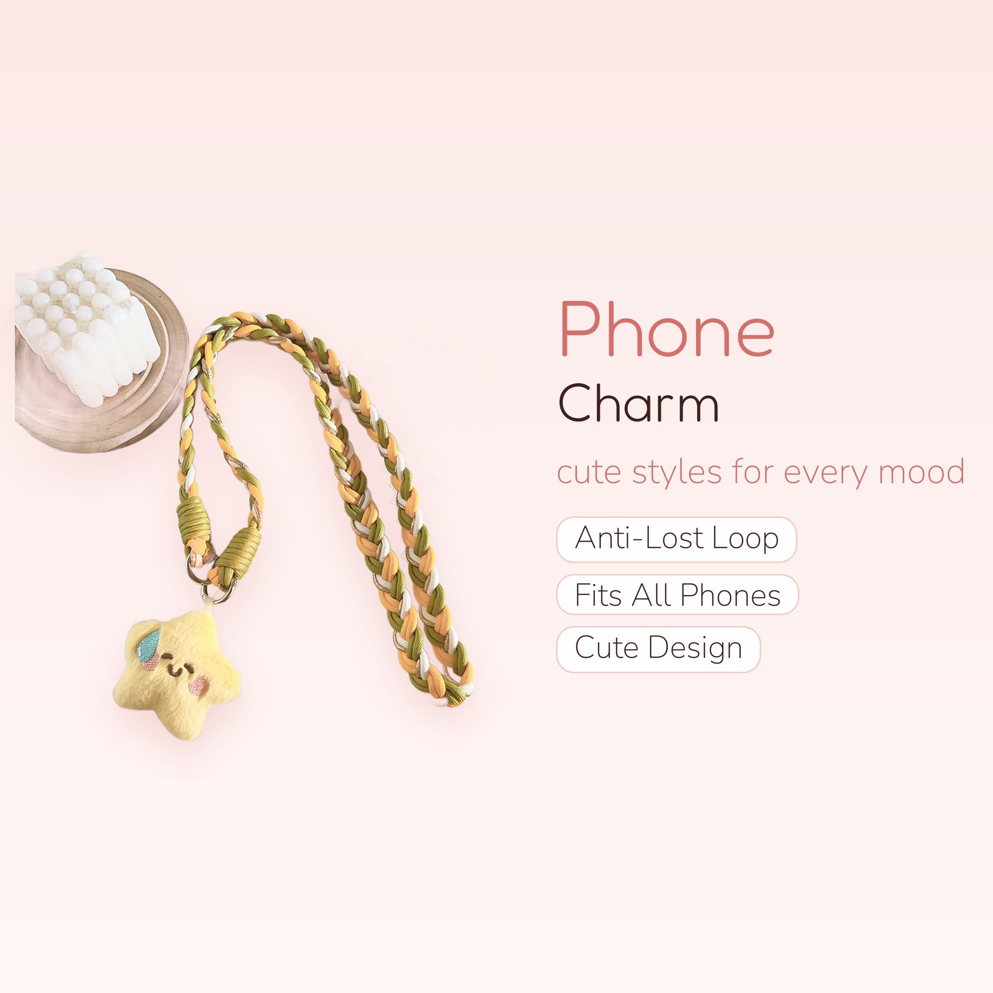 Braided Green & Yellow Lanyard Phone Charm | Cute Star Plushie Wrist Strap