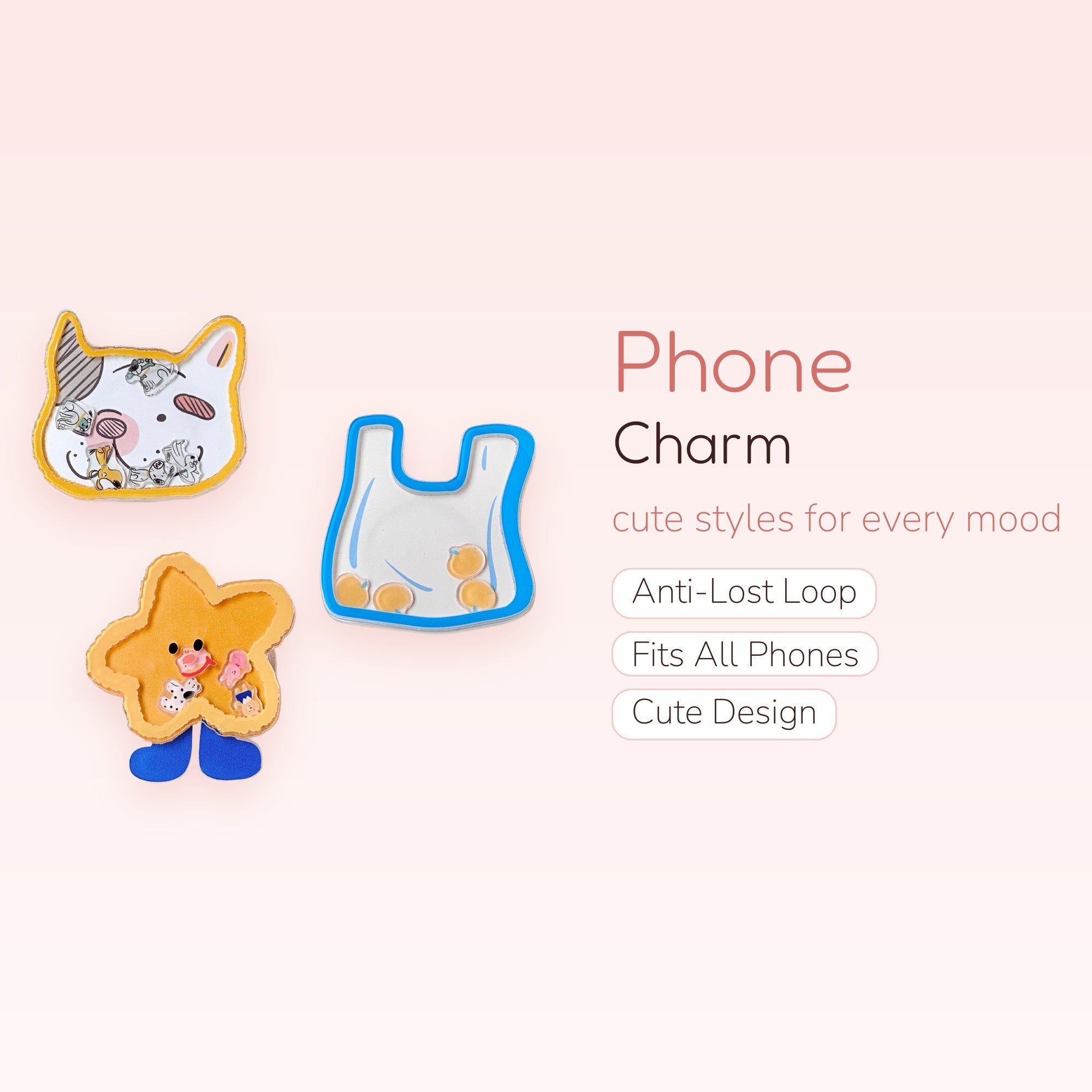 Kawaii Cat, Star & Bag Shaker Phone Charms | Cute Acrylic Liquid Keychains