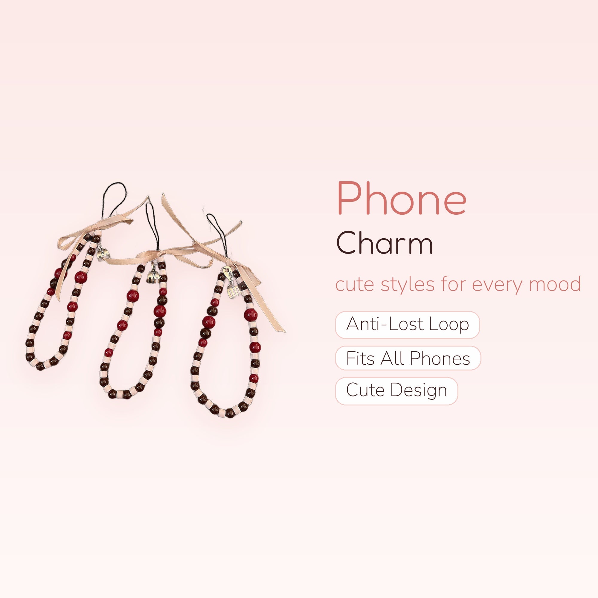 Cute Red & Brown Beaded Phone Charm | Aesthetic Ribbon Wrist Strap with Fork Charm