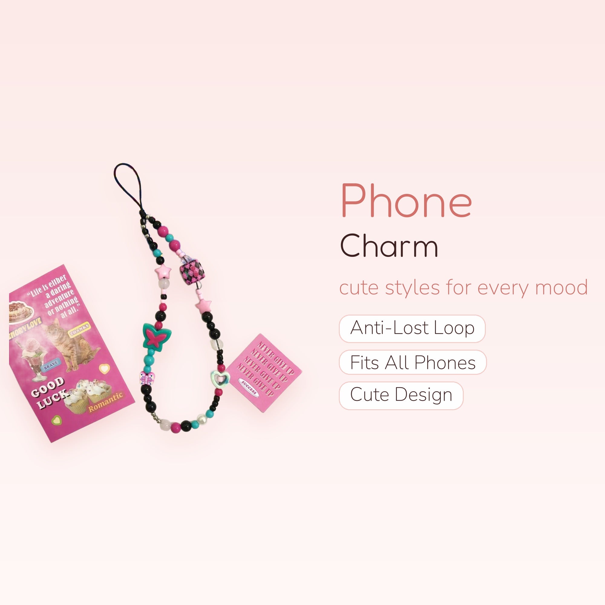 Y2K Pink & Black Beaded Phone Charm | Aesthetic Butterfly & Star Wrist Strap