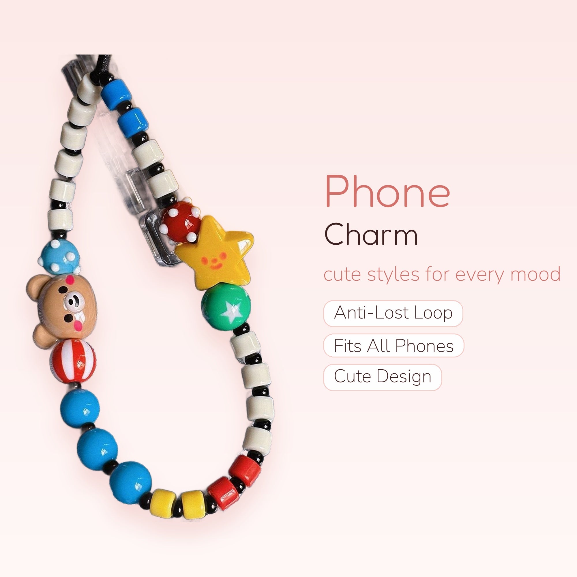 Kawaii Bear & Star Beaded Phone Charm | Colorful Wrist Strap Lanyard