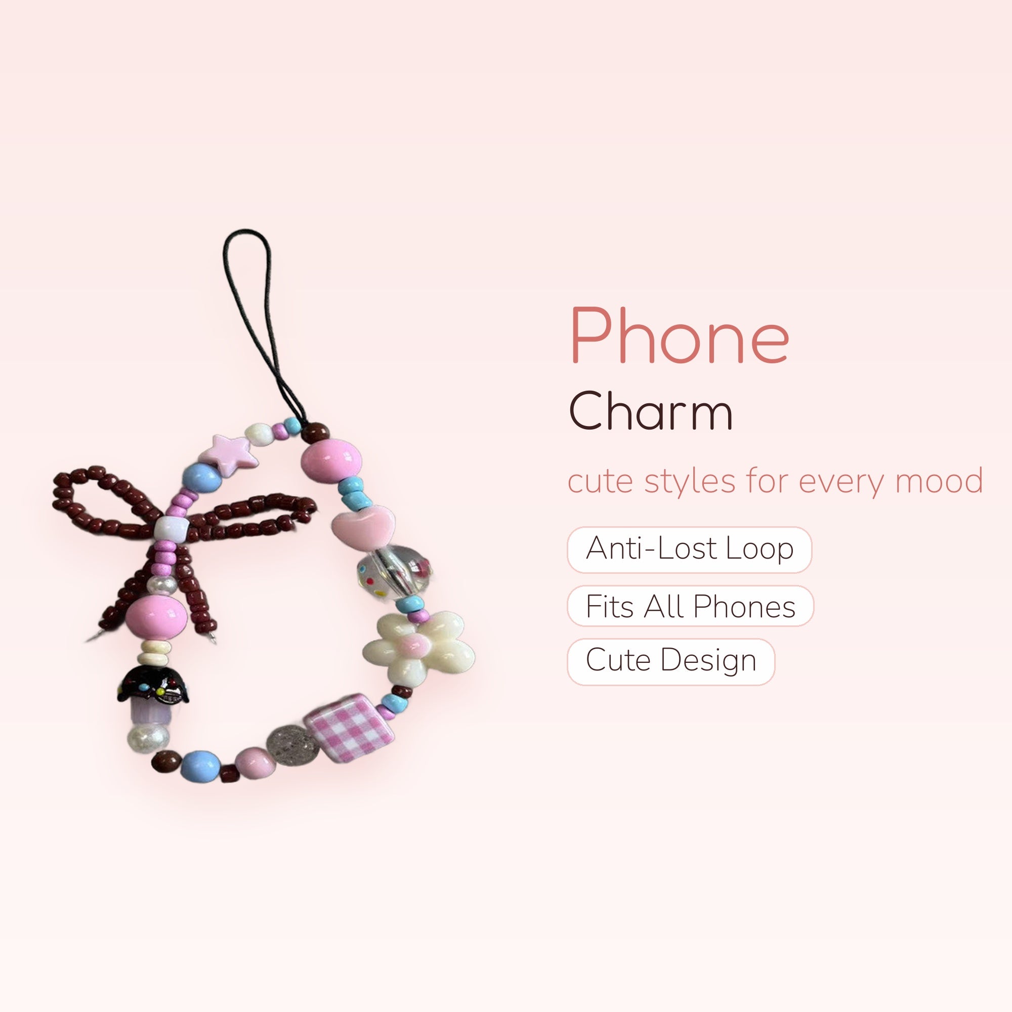 Pastel Beaded Phone Charm Strap | Kawaii Bow & Flower Wrist Lanyard