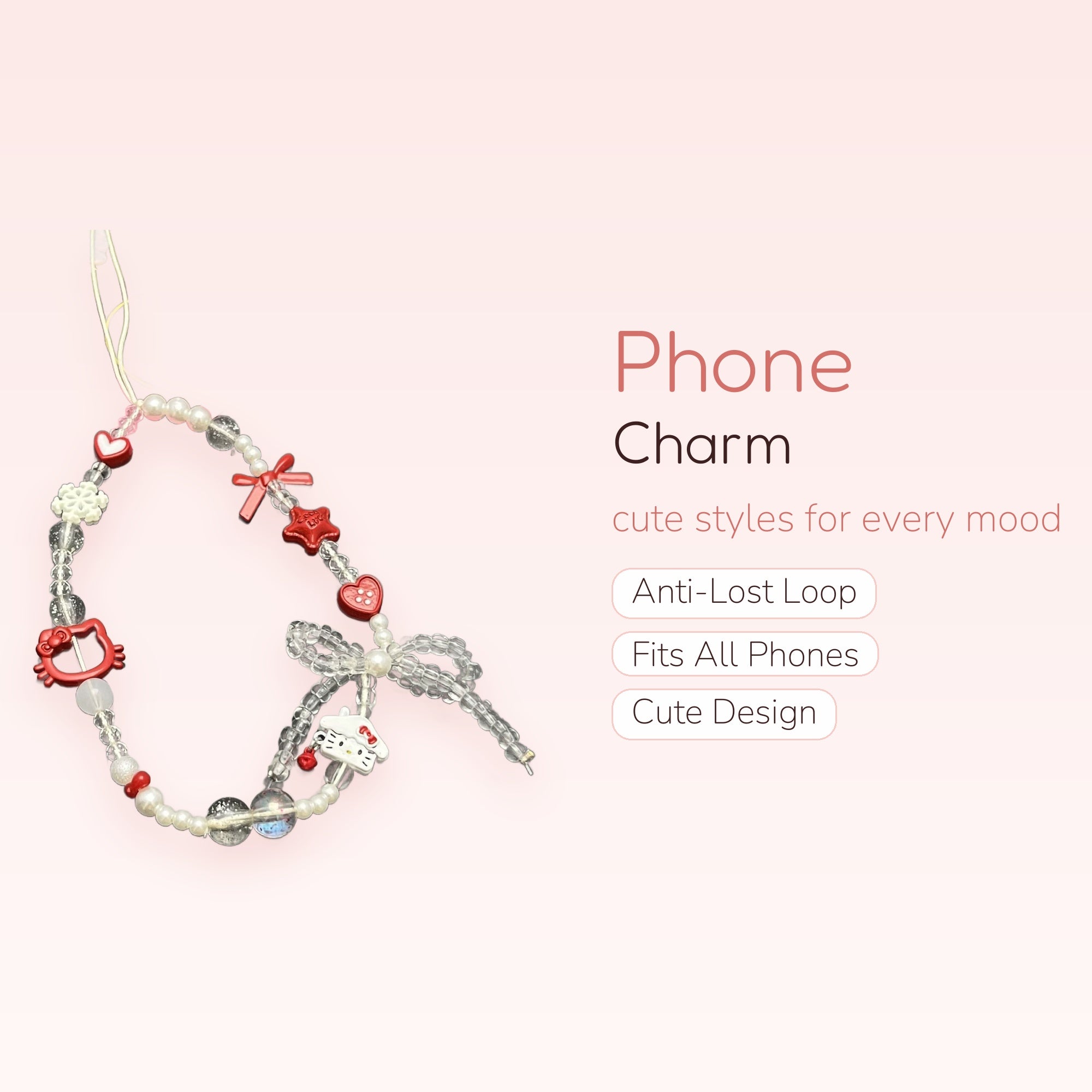 Kawaii Red Hello Kitty & Pearl Phone Charm | Aesthetic Beaded Wrist Strap