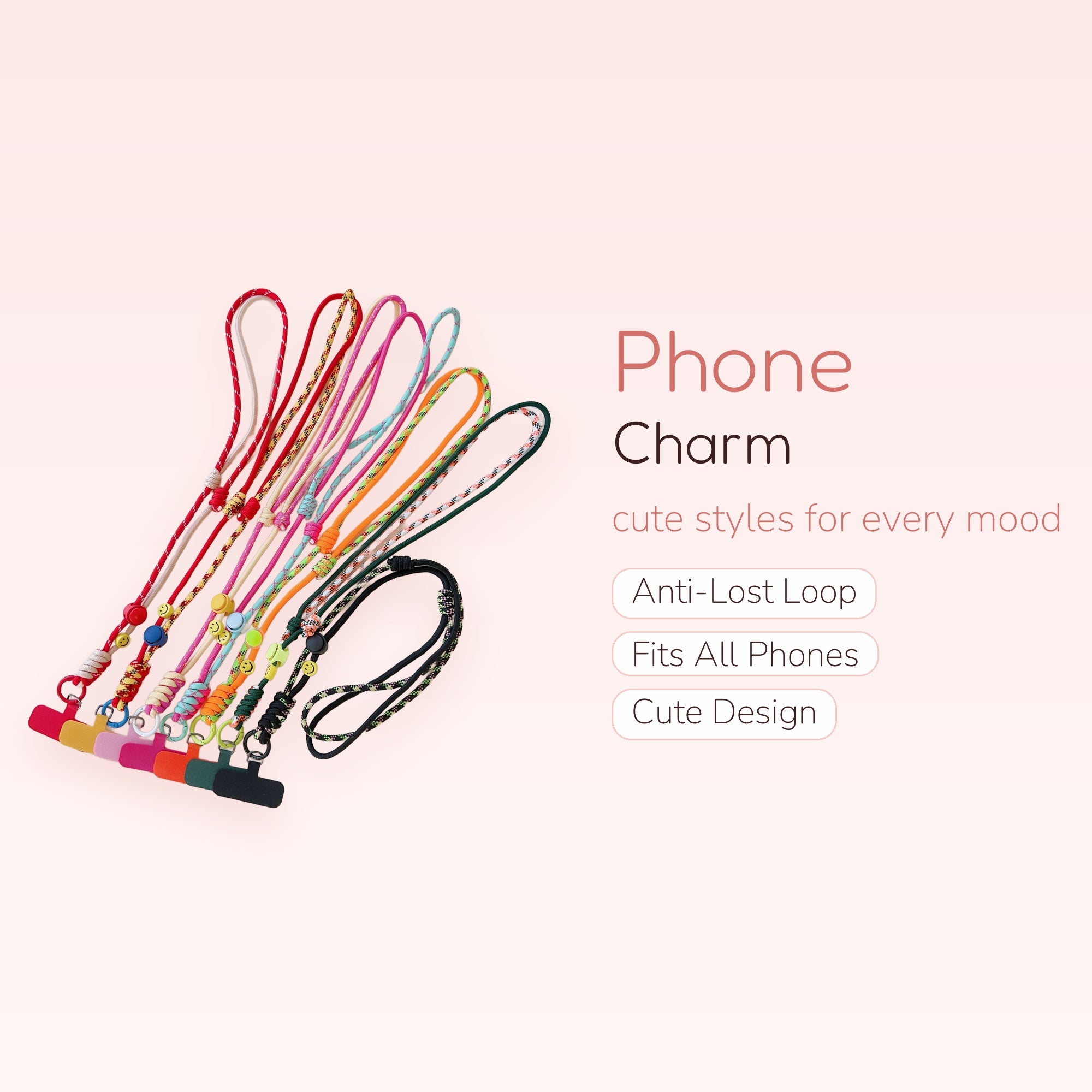 Colorful Braided Rope Phone Charm Lanyard | Adjustable Smiley Face Wrist Strap