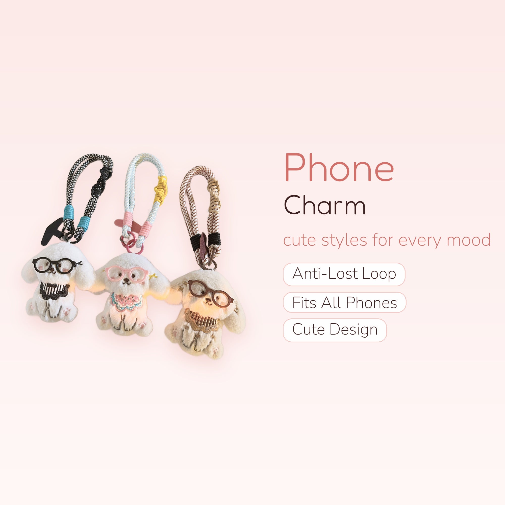 Cute Fluffy Dog Keychain Phone Charm | Kawaii Plush Puppy Lanyard Strap with Glasses