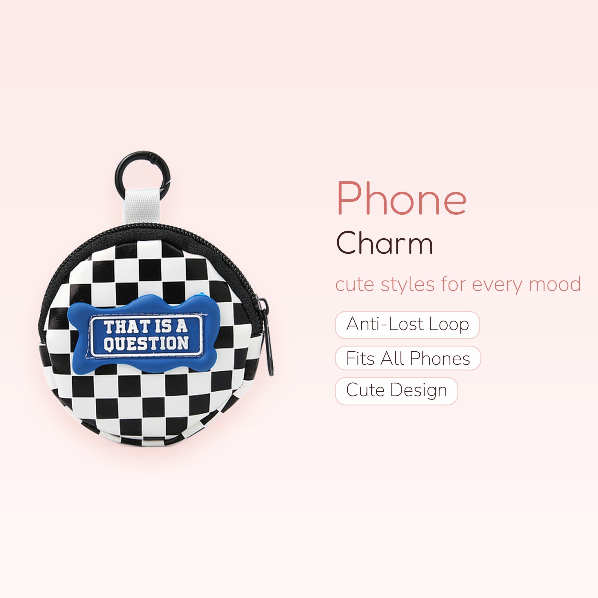 Checkered Circle Coin Pouch Phone Charm | "THAT IS A QUESTION" Keychain