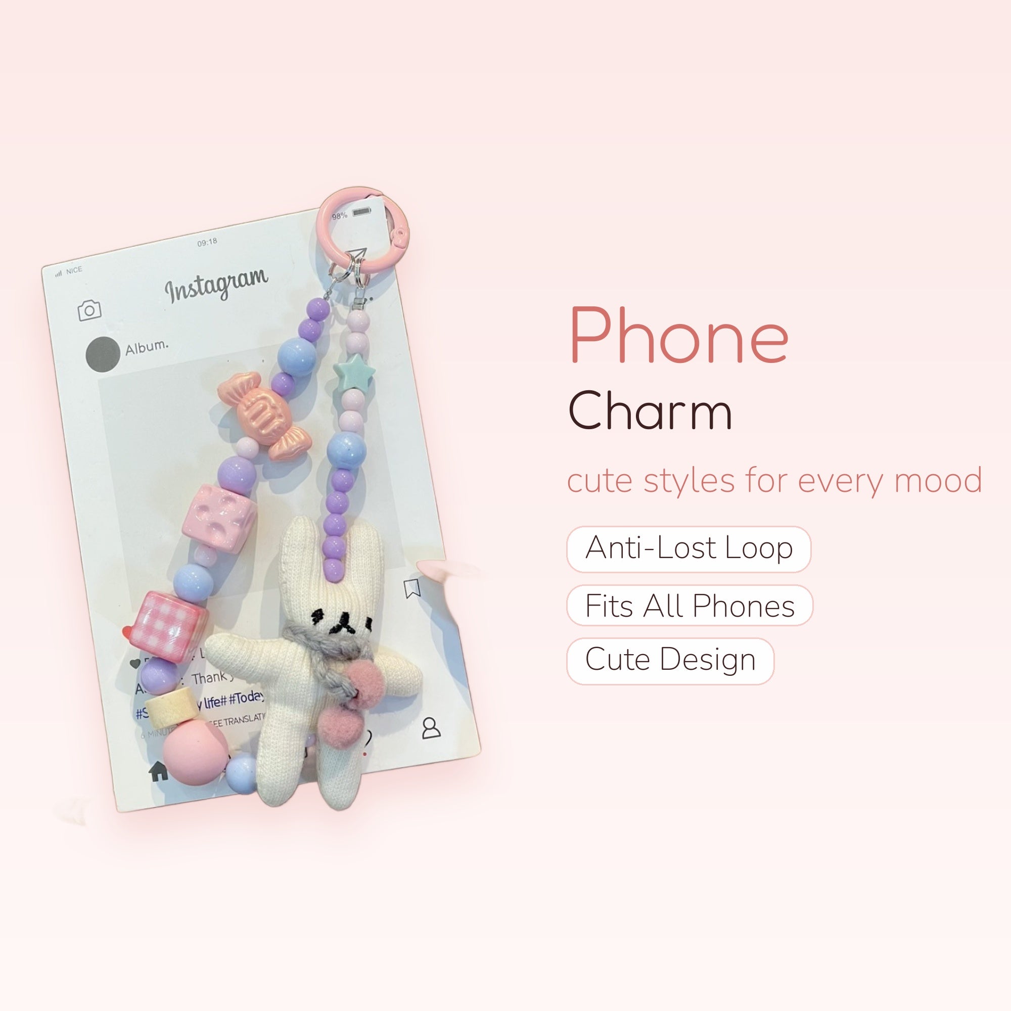 Kawaii Pastel Beaded Bunny Phone Charm | Cute Candy & Star Wrist Strap