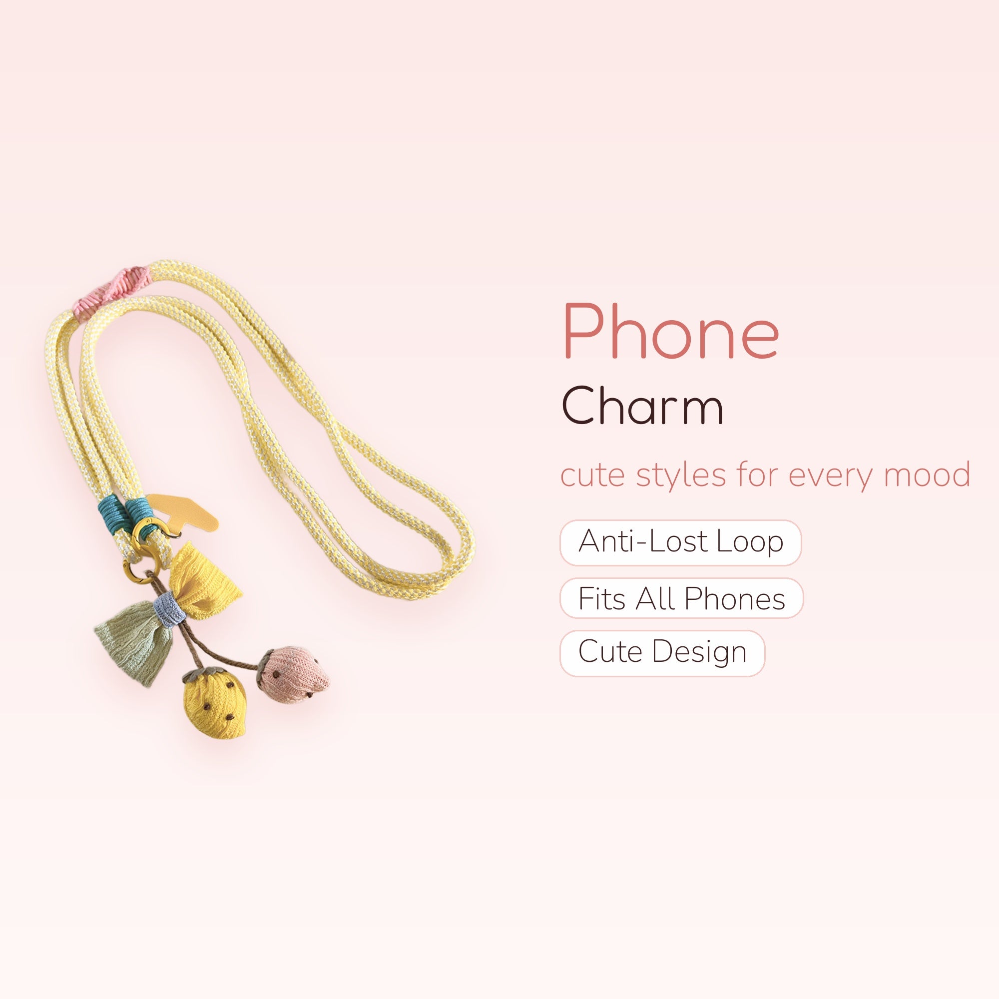 Cute Knitted Fruit & Bow Phone Lanyard | Pastel Yellow Crossbody Strap